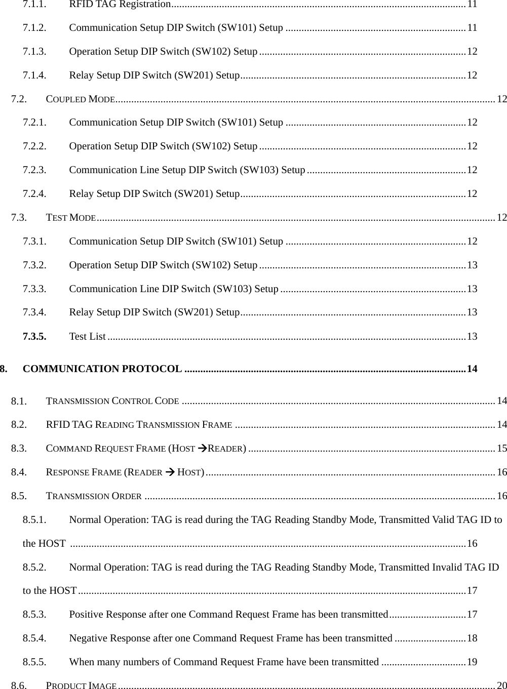   7.1.1. RFID TAG Registration...............................................................................................................11 7.1.2. Communication Setup DIP Switch (SW101) Setup ....................................................................11 7.1.3. Operation Setup DIP Switch (SW102) Setup..............................................................................12 7.1.4. Relay Setup DIP Switch (SW201) Setup.....................................................................................12 7.2. COUPLED MODE...............................................................................................................................................12 7.2.1. Communication Setup DIP Switch (SW101) Setup ....................................................................12 7.2.2. Operation Setup DIP Switch (SW102) Setup..............................................................................12 7.2.3. Communication Line Setup DIP Switch (SW103) Setup............................................................12 7.2.4. Relay Setup DIP Switch (SW201) Setup.....................................................................................12 7.3. TEST MODE......................................................................................................................................................12 7.3.1. Communication Setup DIP Switch (SW101) Setup ....................................................................12 7.3.2. Operation Setup DIP Switch (SW102) Setup..............................................................................13 7.3.3. Communication Line DIP Switch (SW103) Setup......................................................................13 7.3.4. Relay Setup DIP Switch (SW201) Setup.....................................................................................13 7.3.5. Test List .......................................................................................................................................13 8. COMMUNICATION PROTOCOL ..........................................................................................................14 8.1. TRANSMISSION CONTROL CODE ......................................................................................................................14 8.2. RFID TAG READING TRANSMISSION FRAME ..................................................................................................14 8.3. COMMAND REQUEST FRAME (HOST ÆREADER) .............................................................................................15 8.4. RESPONSE FRAME (READER Æ HOST)............................................................................................................. 16 8.5. TRANSMISSION ORDER ....................................................................................................................................16 8.5.1. Normal Operation: TAG is read during the TAG Reading Standby Mode, Transmitted Valid TAG ID to the HOST .....................................................................................................................................................16 8.5.2. Normal Operation: TAG is read during the TAG Reading Standby Mode, Transmitted Invalid TAG ID to the HOST..................................................................................................................................................17 8.5.3. Positive Response after one Command Request Frame has been transmitted.............................17 8.5.4. Negative Response after one Command Request Frame has been transmitted ...........................18 8.5.5. When many numbers of Command Request Frame have been transmitted ................................19 8.6. PRODUCT IMAGE..............................................................................................................................................20 