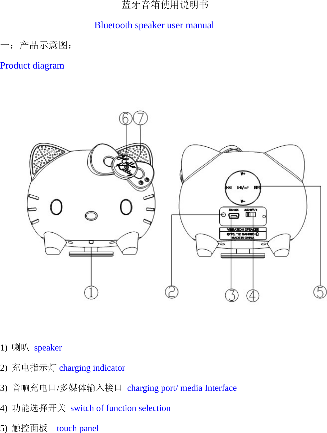                            蓝牙音箱使用说明书  Bluetooth speaker user manual 一：产品示意图： Product diagram    1) 喇叭 speaker 2) 充电指示灯 charging indicator 3) 音响充电口/多媒体输入接口 charging port/ media Interface 4) 功能选择开关 switch of function selection 5) 触控面板  touch panel 