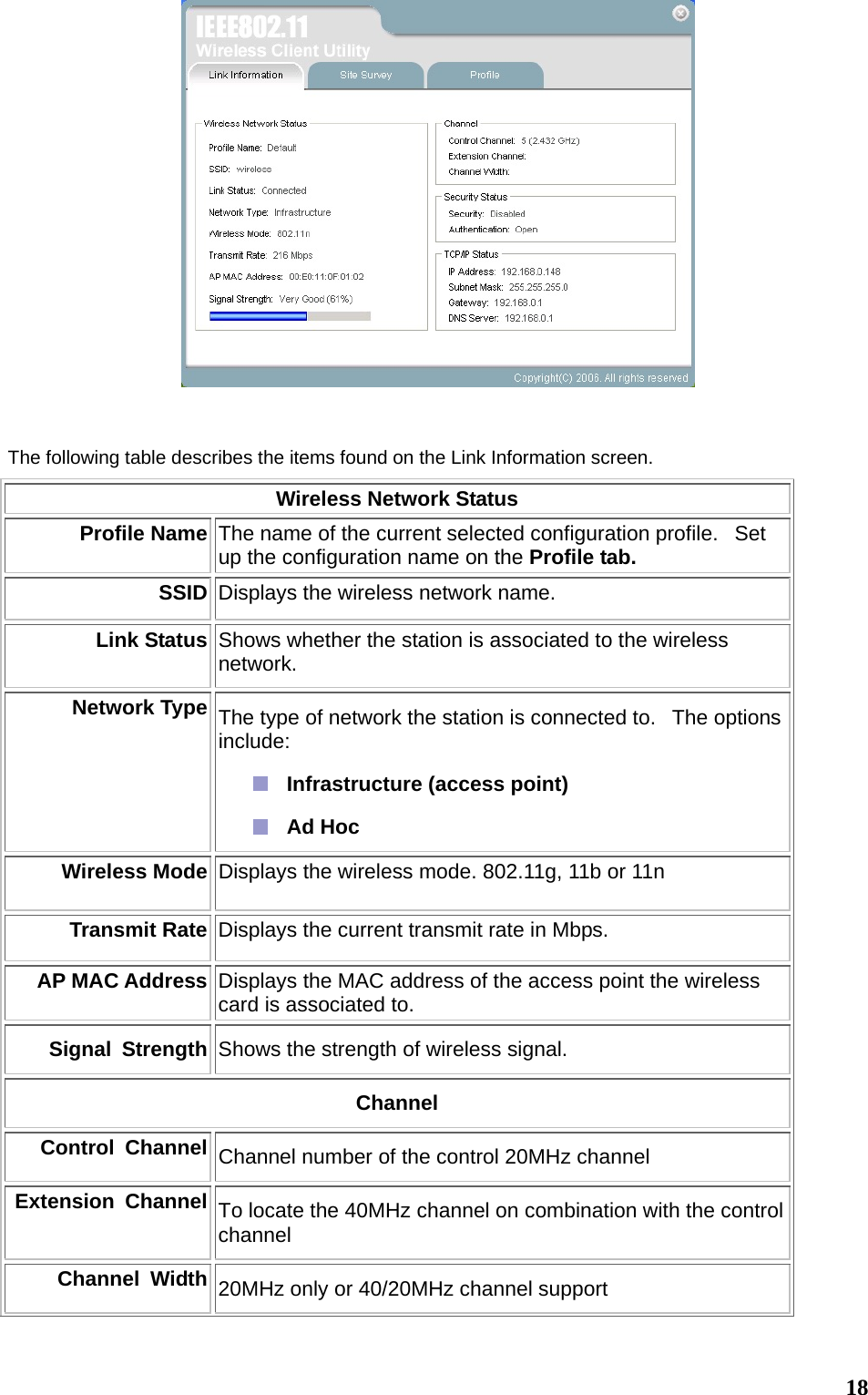  18  The following table describes the items found on the Link Information screen. Wireless Network Status Profile Name The name of the current selected configuration profile.   Set up the configuration name on the Profile tab. SSID Displays the wireless network name.    Link Status Shows whether the station is associated to the wireless network.  Network Type The type of network the station is connected to.   The options include:   Infrastructure (access point)    Ad Hoc   Wireless Mode Displays the wireless mode. 802.11g, 11b or 11n Transmit Rate Displays the current transmit rate in Mbps. AP MAC Address Displays the MAC address of the access point the wireless card is associated to. Signal Strength Shows the strength of wireless signal. Channel Control Channel Channel number of the control 20MHz channel Extension Channel To locate the 40MHz channel on combination with the control channel Channel Width 20MHz only or 40/20MHz channel support 
