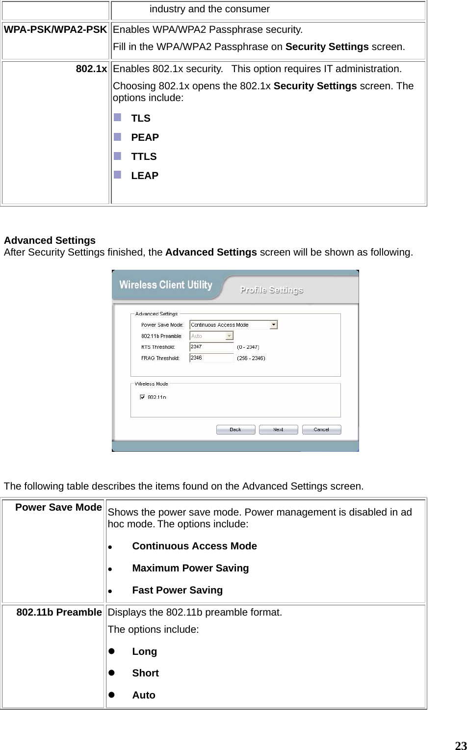  23industry and the consumer WPA-PSK/WPA2-PSK  Enables WPA/WPA2 Passphrase security.    Fill in the WPA/WPA2 Passphrase on Security Settings screen.   802.1x Enables 802.1x security.   This option requires IT administration.  Choosing 802.1x opens the 802.1x Security Settings screen. The options include:   TLS   PEAP   TTLS   LEAP     Advanced Settings After Security Settings finished, the Advanced Settings screen will be shown as following.     The following table describes the items found on the Advanced Settings screen. Power Save Mode Shows the power save mode. Power management is disabled in ad hoc mode. The options include: z Continuous Access Mode z Maximum Power Saving z Fast Power Saving 802.11b Preamble Displays the 802.11b preamble format.   The options include: z Long z Short z Auto 