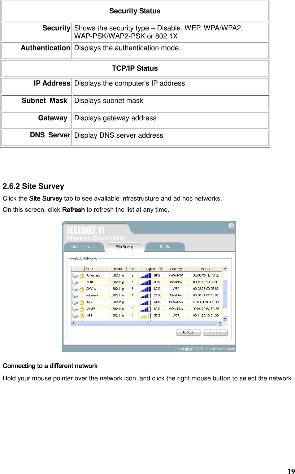  19 Security Status Security Shows the security type – Disable, WEP, WPA/WPA2, WAP-PSK/WAP2-PSK or 802.1X Authentication Displays the authentication mode.     TCP/IP Status IP Address Displays the computer&apos;s IP address.   Subnet  Mask Displays subnet mask   Gateway Displays gateway address DNS  Server Display DNS server address   2.6.2 Site Survey Click the Site SurveySite SurveySite SurveySite Survey tab to see available infrastructure and ad hoc networks.   On this screen, click RefreshRefreshRefreshRefresh to refresh the list at any time.      Connecting to a different networkConnecting to a different networkConnecting to a different networkConnecting to a different network Hold your mouse pointer over the network icon, and click the right mouse button to select the network.  