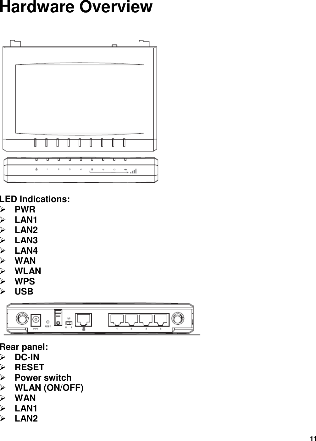 11 Hardware Overview   LED Indications:    PWR  LAN1  LAN2  LAN3  LAN4  WAN  WLAN  WPS  USB  Rear panel:    DC-IN  RESET  Power switch  WLAN (ON/OFF)  WAN  LAN1  LAN2 