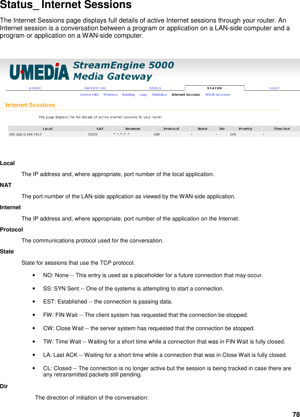 78 Status_ Internet Sessions The Internet Sessions page displays full details of active Internet sessions through your router. An Internet session is a conversation between a program or application on a LAN-side computer and a program or application on a WAN-side computer.     Local   The IP address and, where appropriate, port number of the local application.   NAT   The port number of the LAN-side application as viewed by the WAN-side application.   Internet   The IP address and, where appropriate, port number of the application on the Internet.   Protocol   The communications protocol used for the conversation.   State   State for sessions that use the TCP protocol.   • NO: None -- This entry is used as a placeholder for a future connection that may occur.   • SS: SYN Sent -- One of the systems is attempting to start a connection.   • EST: Established -- the connection is passing data.   • FW: FIN Wait -- The client system has requested that the connection be stopped.   • CW: Close Wait -- the server system has requested that the connection be stopped.   • TW: Time Wait -- Waiting for a short time while a connection that was in FIN Wait is fully closed.   • LA: Last ACK -- Waiting for a short time while a connection that was in Close Wait is fully closed.   • CL: Closed -- The connection is no longer active but the session is being tracked in case there are any retransmitted packets still pending.   Dir   The direction of initiation of the conversation:   