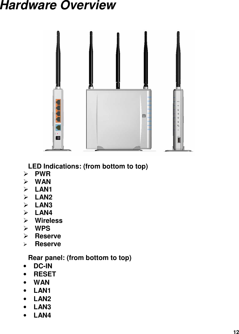 12 Hardware Overview   LED Indications: (from bottom to top)  PWR  WAN  LAN1  LAN2  LAN3  LAN4  Wireless  WPS  Reserve  Reserve  Rear panel: (from bottom to top) • DC-IN • RESET • WAN • LAN1 • LAN2 • LAN3 • LAN4 