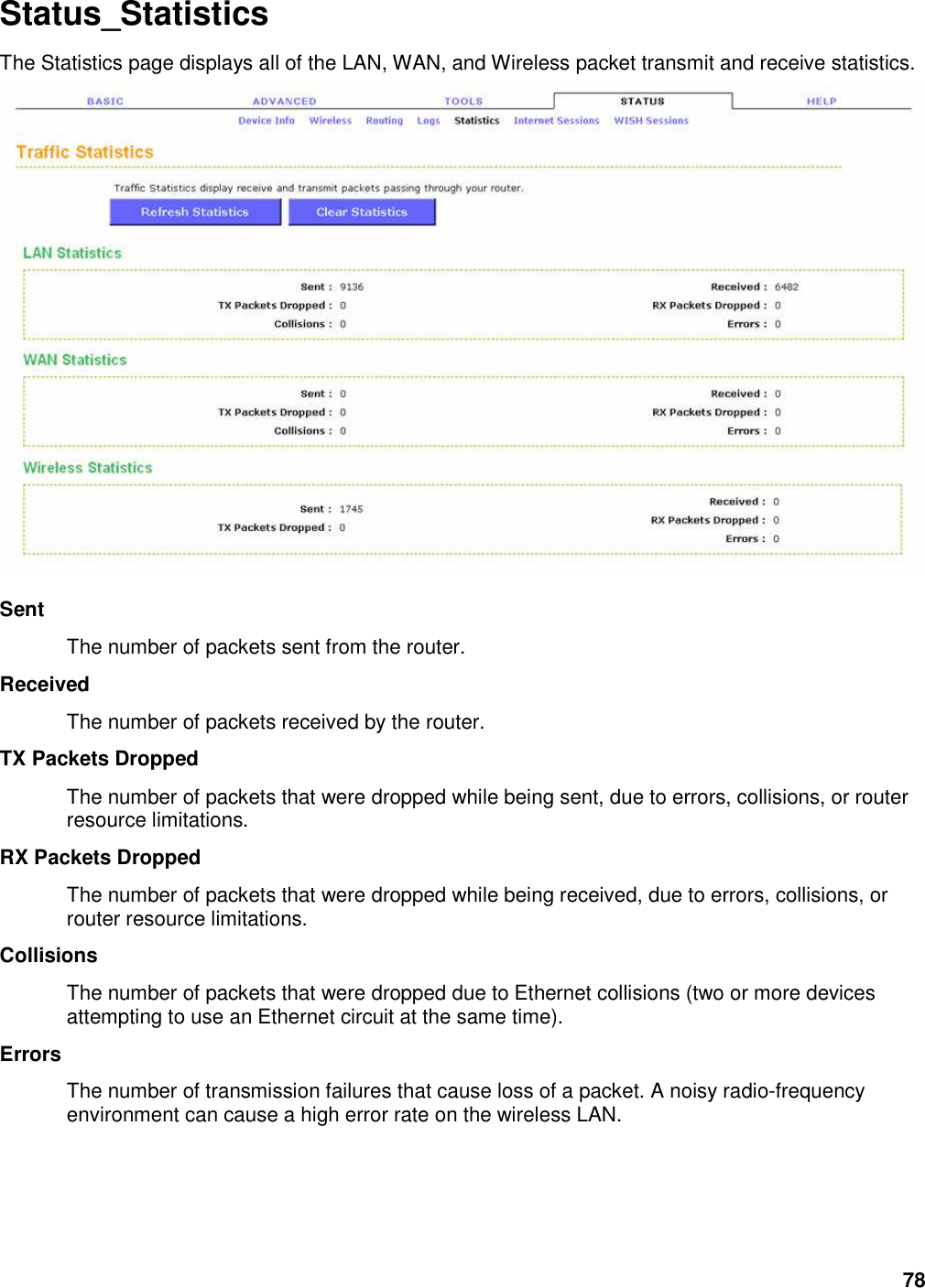 78 Status_Statistics The Statistics page displays all of the LAN, WAN, and Wireless packet transmit and receive statistics.   Sent   The number of packets sent from the router.   Received   The number of packets received by the router.   TX Packets Dropped   The number of packets that were dropped while being sent, due to errors, collisions, or router resource limitations.   RX Packets Dropped   The number of packets that were dropped while being received, due to errors, collisions, or router resource limitations.   Collisions   The number of packets that were dropped due to Ethernet collisions (two or more devices attempting to use an Ethernet circuit at the same time).   Errors   The number of transmission failures that cause loss of a packet. A noisy radio-frequency environment can cause a high error rate on the wireless LAN.    