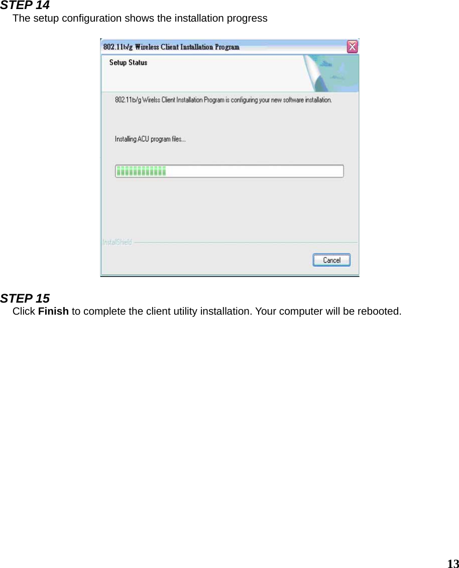  13STEP 14 The setup configuration shows the installation progress    STEP 15 Click Finish to complete the client utility installation. Your computer will be rebooted. 