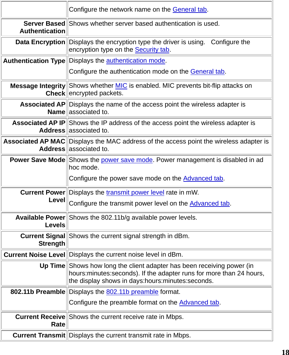  18Configure the network name on the General tab. Server Based Authentication Shows whether server based authentication is used. Data Encryption Displays the encryption type the driver is using.   Configure the encryption type on the Security tab.  Authentication Type Displays the authentication mode.    Configure the authentication mode on the General tab. Message Integrity Check Shows whether MIC is enabled. MIC prevents bit-flip attacks on encrypted packets. Associated AP Name Displays the name of the access point the wireless adapter is associated to. Associated AP IP Address Shows the IP address of the access point the wireless adapter is associated to. Associated AP MAC Address Displays the MAC address of the access point the wireless adapter is associated to. Power Save Mode Shows the power save mode. Power management is disabled in ad hoc mode.  Configure the power save mode on the Advanced tab. Current Power Level Displays the transmit power level rate in mW.   Configure the transmit power level on the Advanced tab. Available Power Levels Shows the 802.11b/g available power levels. Current Signal Strength Shows the current signal strength in dBm. Current Noise Level Displays the current noise level in dBm. Up Time Shows how long the client adapter has been receiving power (in hours:minutes:seconds). If the adapter runs for more than 24 hours, the display shows in days:hours:minutes:seconds. 802.11b Preamble Displays the 802.11b preamble format.   Configure the preamble format on the Advanced tab. Current Receive Rate Shows the current receive rate in Mbps. Current Transmit  Displays the current transmit rate in Mbps. 