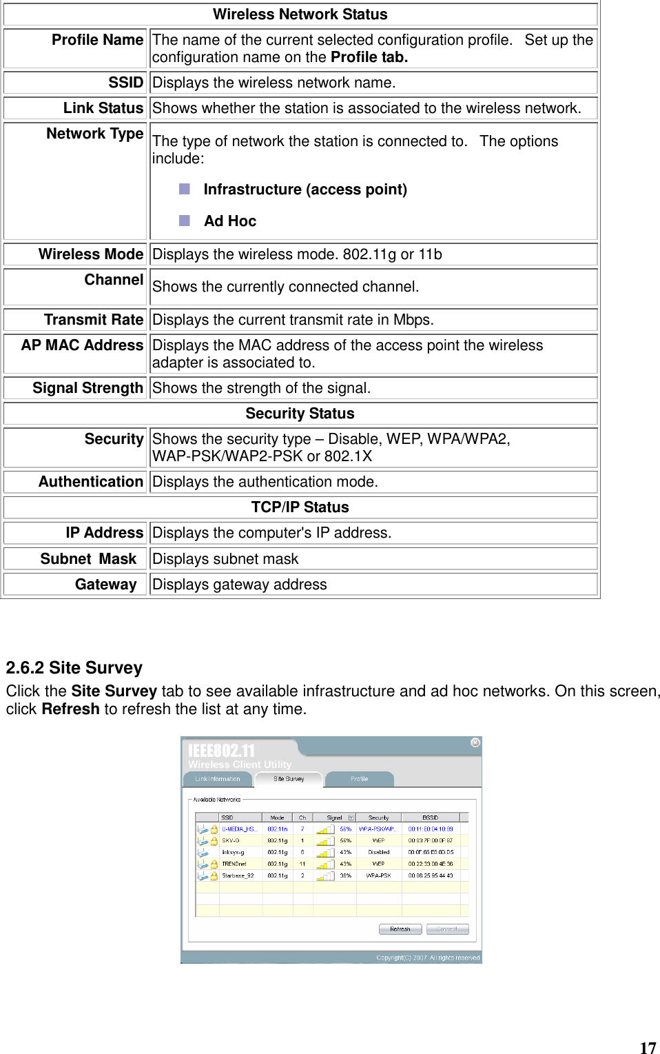  17 Wireless Network Status Profile Name The name of the current selected configuration profile.   Set up the configuration name on the Profile tab. SSID Displays the wireless network name.    Link Status Shows whether the station is associated to the wireless network.  Network Type The type of network the station is connected to.   The options include:    Infrastructure (access point)    Ad Hoc   Wireless Mode Displays the wireless mode. 802.11g or 11b Channel Shows the currently connected channel. Transmit Rate Displays the current transmit rate in Mbps. AP MAC Address Displays the MAC address of the access point the wireless adapter is associated to. Signal Strength Shows the strength of the signal.  Security Status Security Shows the security type – Disable, WEP, WPA/WPA2, WAP-PSK/WAP2-PSK or 802.1X Authentication Displays the authentication mode.     TCP/IP Status IP Address Displays the computer&apos;s IP address.   Subnet  Mask Displays subnet mask   Gateway Displays gateway address  2.6.2 Site Survey Click the Site Survey tab to see available infrastructure and ad hoc networks. On this screen, click Refresh to refresh the list at any time.        