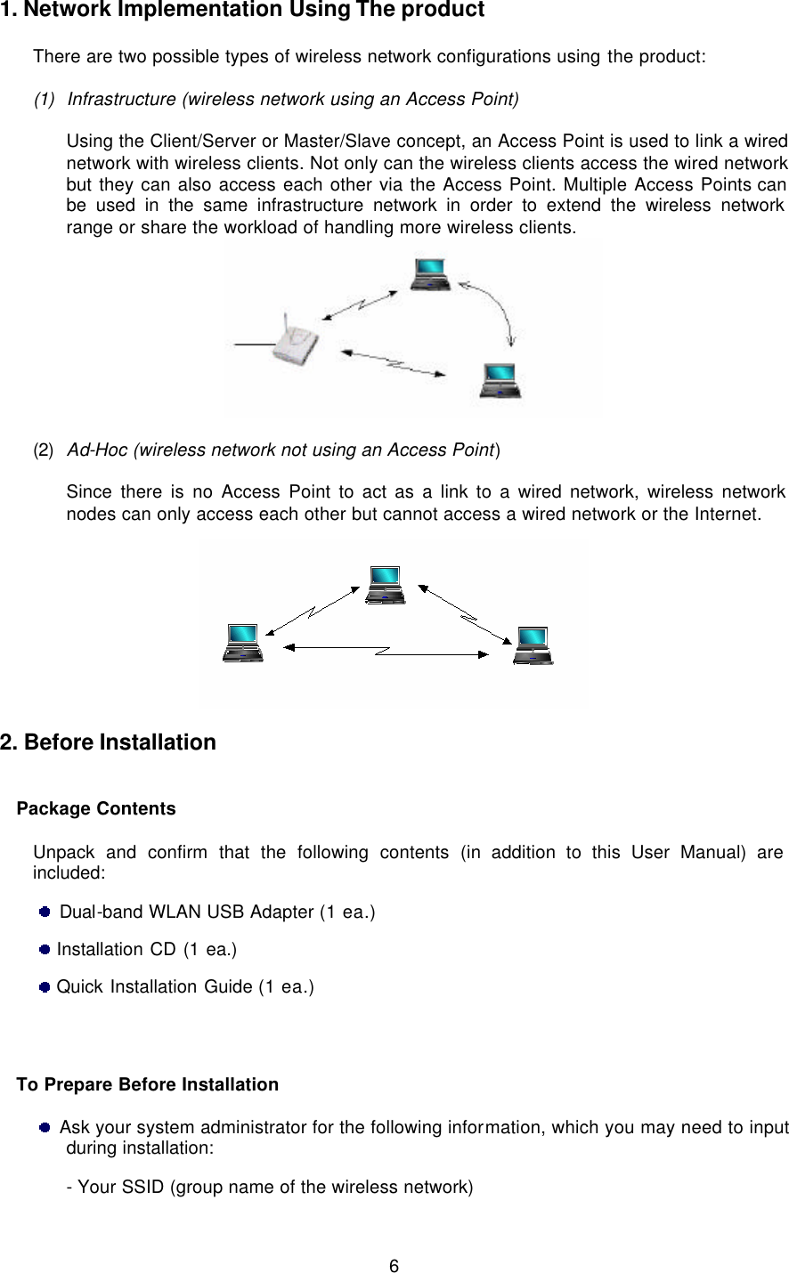  6  1. Network Implementation Using The product  There are two possible types of wireless network configurations using the product:  (1) Infrastructure (wireless network using an Access Point)  Using the Client/Server or Master/Slave concept, an Access Point is used to link a wired network with wireless clients. Not only can the wireless clients access the wired network but they can also access each other via the Access Point. Multiple Access Points can be used in the same infrastructure network in order to extend the wireless network range or share the workload of handling more wireless clients.   (2) Ad-Hoc (wireless network not using an Access Point)  Since there is no Access Point to act as a link to a wired network, wireless network nodes can only access each other but cannot access a wired network or the Internet.    2. Before Installation   Package Contents  Unpack and confirm that the following contents (in addition to this User Manual) are included:  Dual-band WLAN USB Adapter (1 ea.)  Installation CD (1 ea.)  Quick Installation Guide (1 ea.)                           To Prepare Before Installation   Ask your system administrator for the following information, which you may need to input during installation: - Your SSID (group name of the wireless network) 