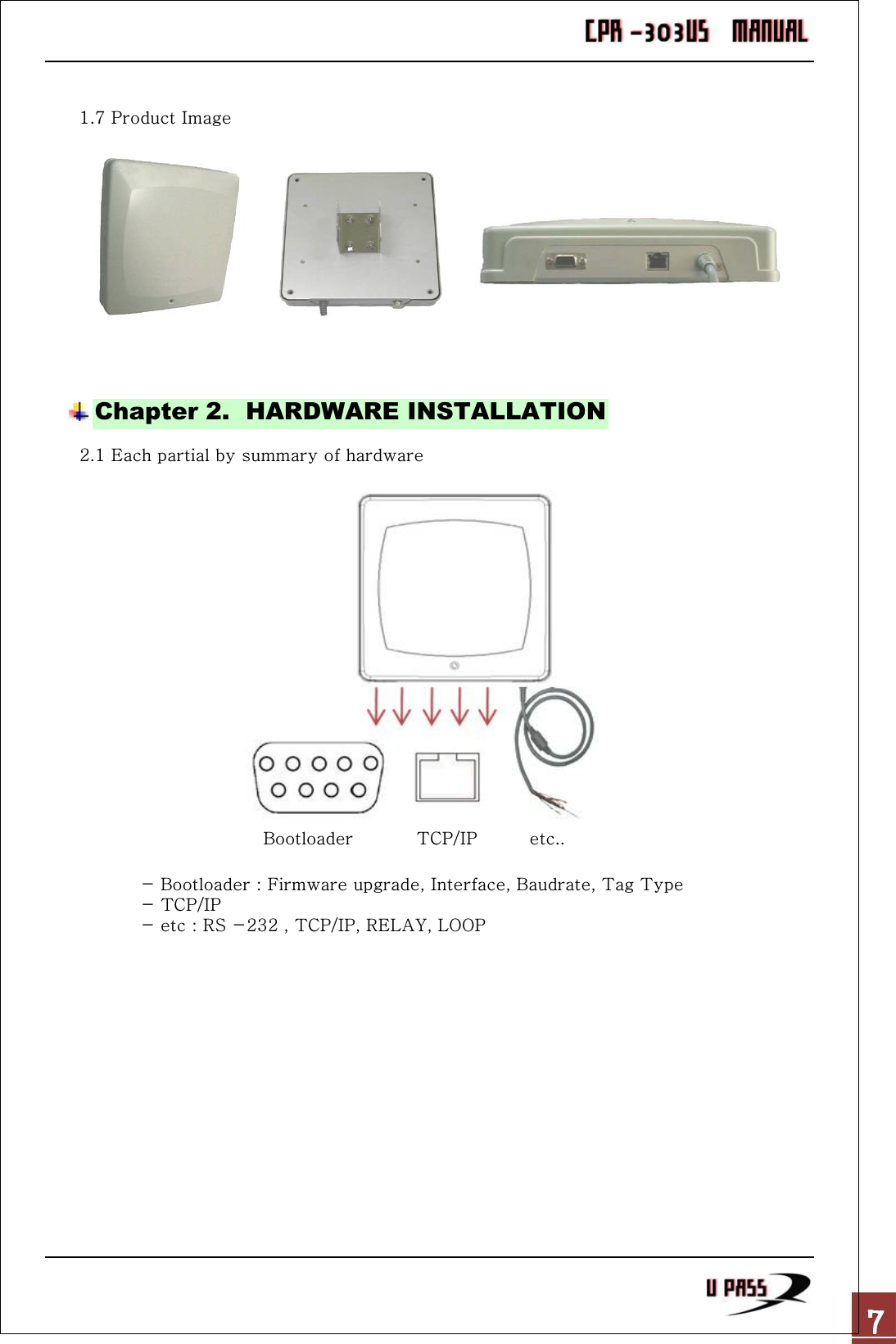 1.7 Product ImageChapter 2.  HARDWARE INSTALLATION2.1 Each partial by summary of hardwareBootloader TCP/IP  etc..- Bootloader : Firmware upgrade, Interface, Baudrate, Tag Type - TCP/IP - etc : RS -232 , TCP/IP, RELAY, LOOP                  