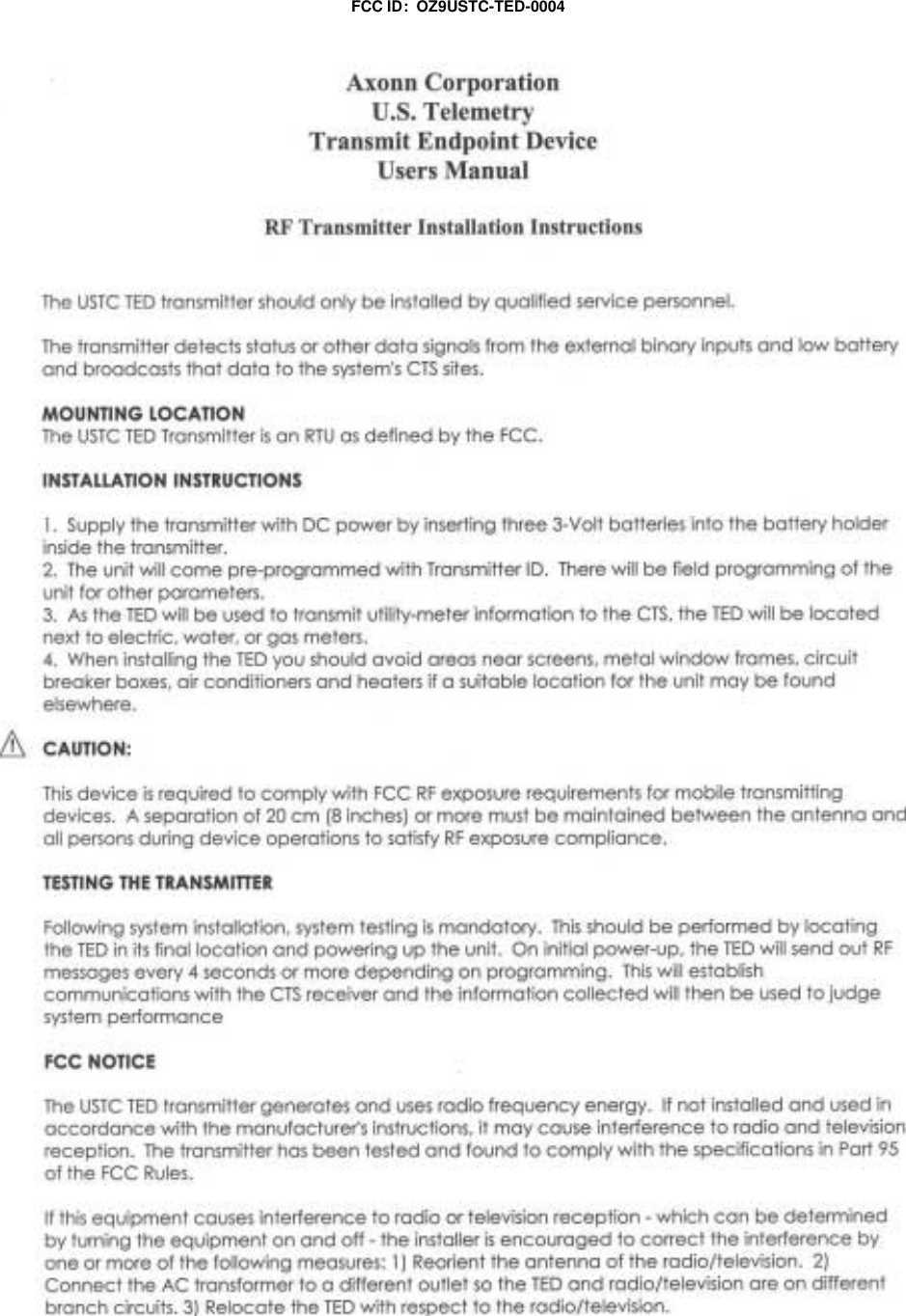 FCC ID:  OZ9USTC-TED-0004