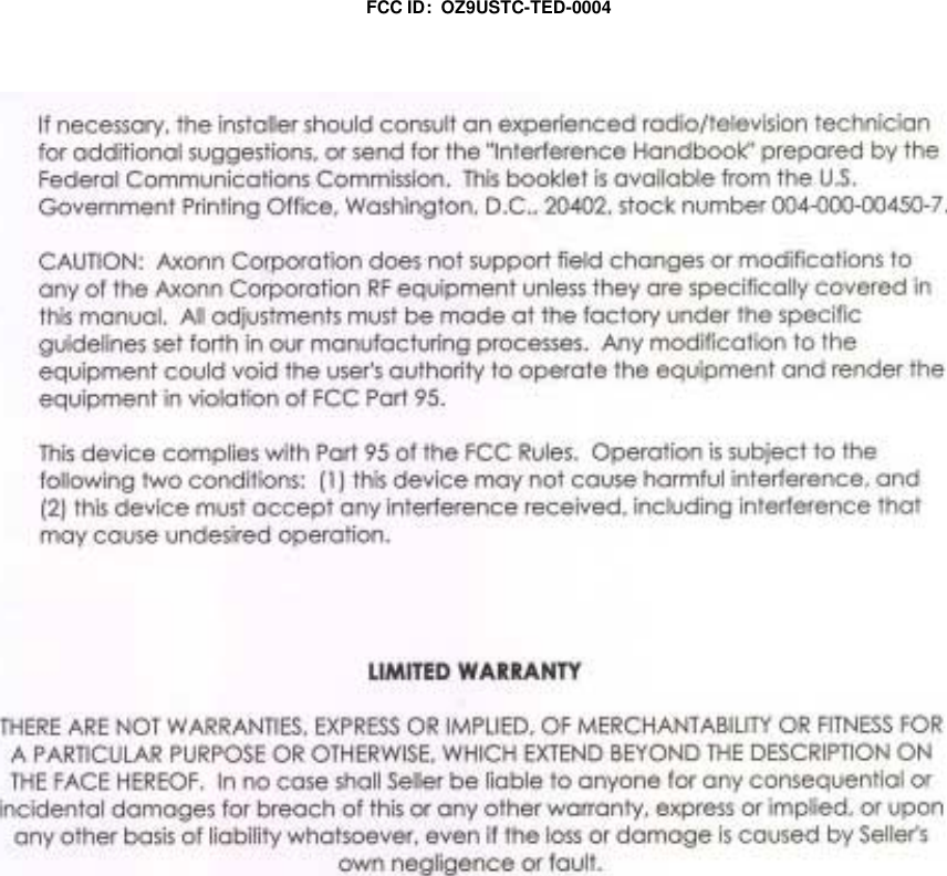 FCC ID:  OZ9USTC-TED-0004