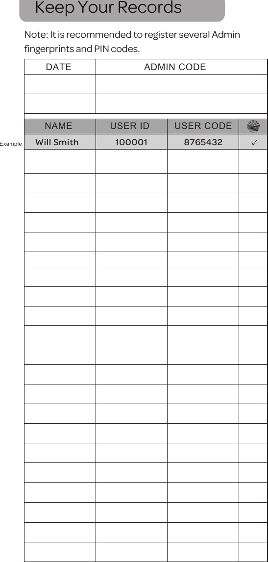Keep Your RecordsDATE ADMIN CODENAMEWill Smith 100001 8765432ExampleUSER ID USER CODE&radic;Note: It is recommended to register several Adminﬁngerprints and PIN codes.