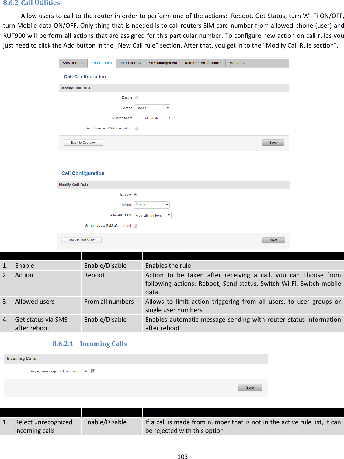  103  8.6.2 Call Utilities Allow users to call to the router in order to perform one of the actions:  Reboot, Get Status, turn Wi-Fi ON/OFF, turn Mobile data ON/OFF. Only thing that is needed is to call routers SIM card number from allowed phone (user) and RUT900 will perform all actions that are assigned for this particular number. To configure new action on call rules you just need to click the Add button in the „New Call rule” section. After that, you get in to the “Modify Call Rule section”.              Field name Sample Explanation 1. Enable Enable/Disable Enables the rule 2. Action Reboot Action  to  be  taken  after  receiving  a  call,  you  can  choose  from following actions: Reboot, Send status, Switch Wi-Fi, Switch mobile data. 3. Allowed users From all numbers Allows  to  limit  action  triggering  from  all  users,  to  user  groups  or single user numbers 4. Get status via SMS after reboot Enable/Disable Enables automatic message sending with router status information after reboot 8.6.2.1 Incoming Calls   Field name Sample Explanation 1. Reject unrecognized incoming calls Enable/Disable If a call is made from number that is not in the active rule list, it can be rejected with this option  