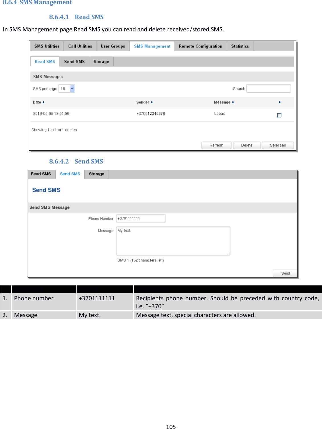  105  8.6.4 SMS Management 8.6.4.1 Read SMS In SMS Management page Read SMS you can read and delete received/stored SMS.  8.6.4.2 Send SMS   Field name Sample Explanation 1. Phone number +3701111111 Recipients phone number. Should be preceded with country  code, i.e. “+370” 2. Message My text. Message text, special characters are allowed.     