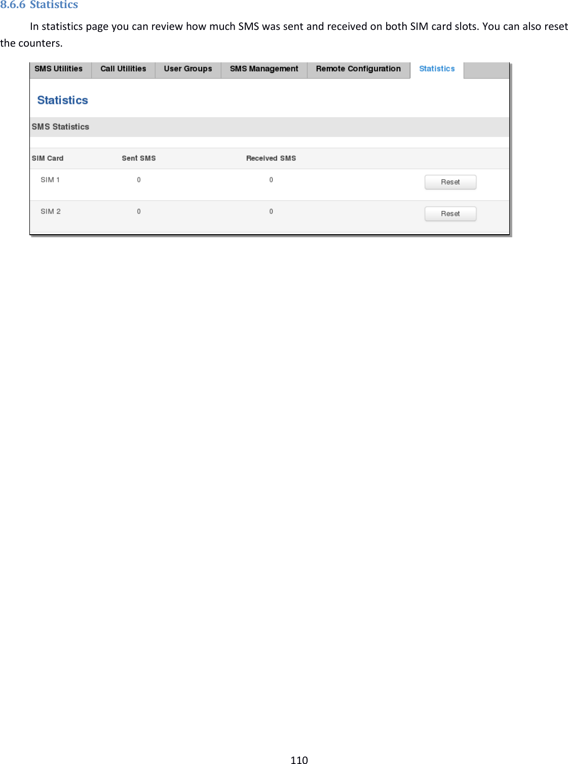  110  8.6.6 Statistics In statistics page you can review how much SMS was sent and received on both SIM card slots. You can also reset the counters.     