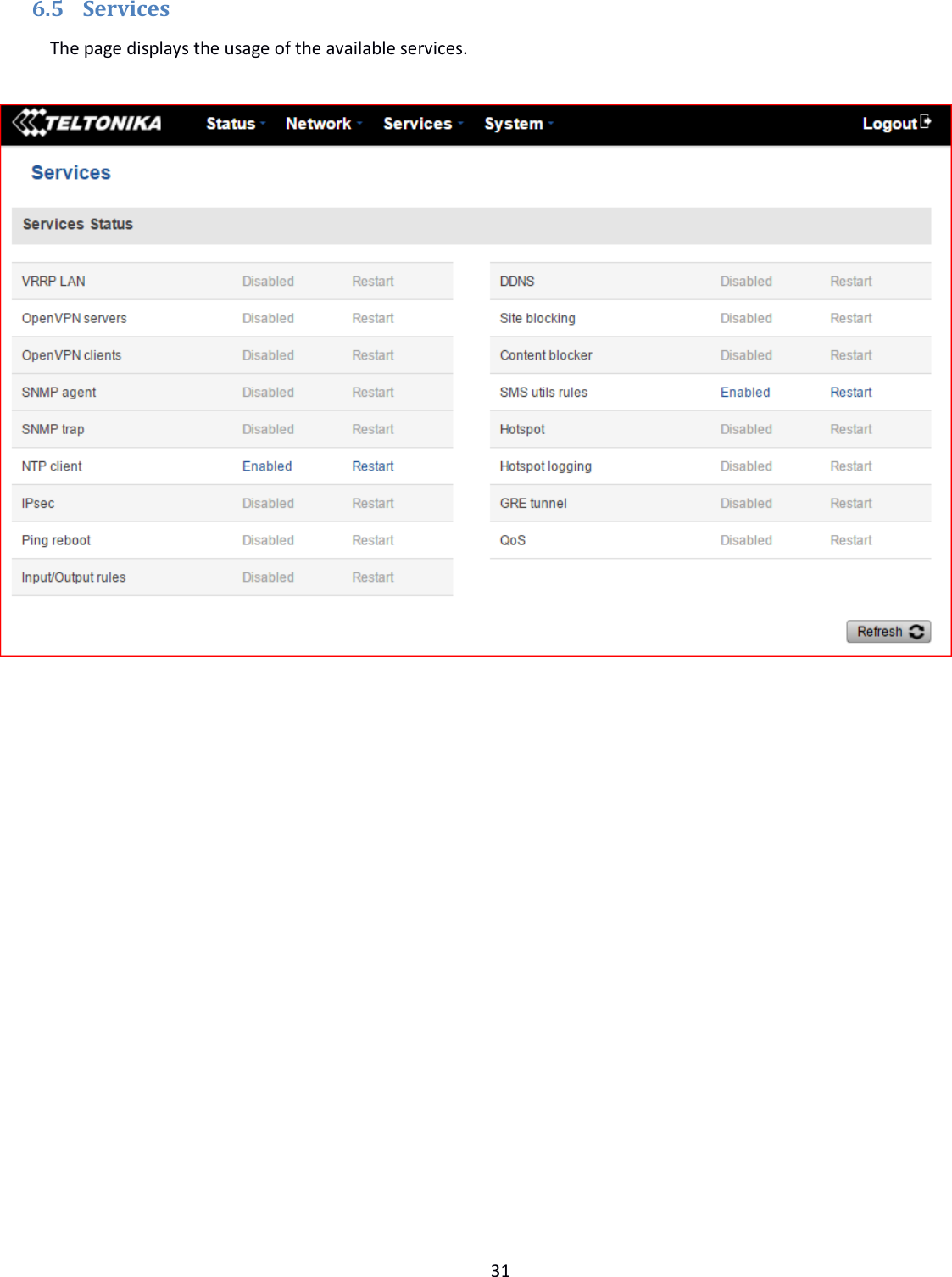  31  6.5 Services The page displays the usage of the available services.               