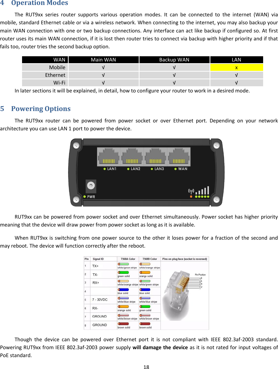  18  4 Operation Modes The  RUT9xx  series  router  supports  various  operation  modes.  It  can  be  connected  to  the  internet  (WAN)  via mobile, standard Ethernet cable or via a wireless network. When connecting to the internet, you may also backup your main WAN connection with one or two backup connections. Any interface can act like backup if configured so. At first router uses its main WAN connection, if it is lost then router tries to connect via backup with higher priority and if that fails too, router tries the second backup option.  WAN Main WAN Backup WAN LAN Mobile √ √ x Ethernet √ √ √ Wi-Fi √ √ √   In later sections it will be explained, in detail, how to configure your router to work in a desired mode. 5 Powering Options The  RUT9xx  router  can  be  powered  from  power  socket  or  over  Ethernet  port.  Depending  on  your  network architecture you can use LAN 1 port to power the device.  RUT9xx can be powered from power socket and over Ethernet simultaneously. Power socket has higher priority meaning that the device will draw power from power socket as long as it is available. When RUT9xx is switching from one power source to the other it loses power for a fraction of the second and may reboot. The device will function correctly after the reboot.  Though  the  device  can  be  powered  over  Ethernet  port  it  is  not  compliant  with  IEEE  802.3af-2003  standard. Powering RUT9xx from IEEE 802.3af-2003 power supply will damage the device as it is not rated for input voltages of PoE standard. 