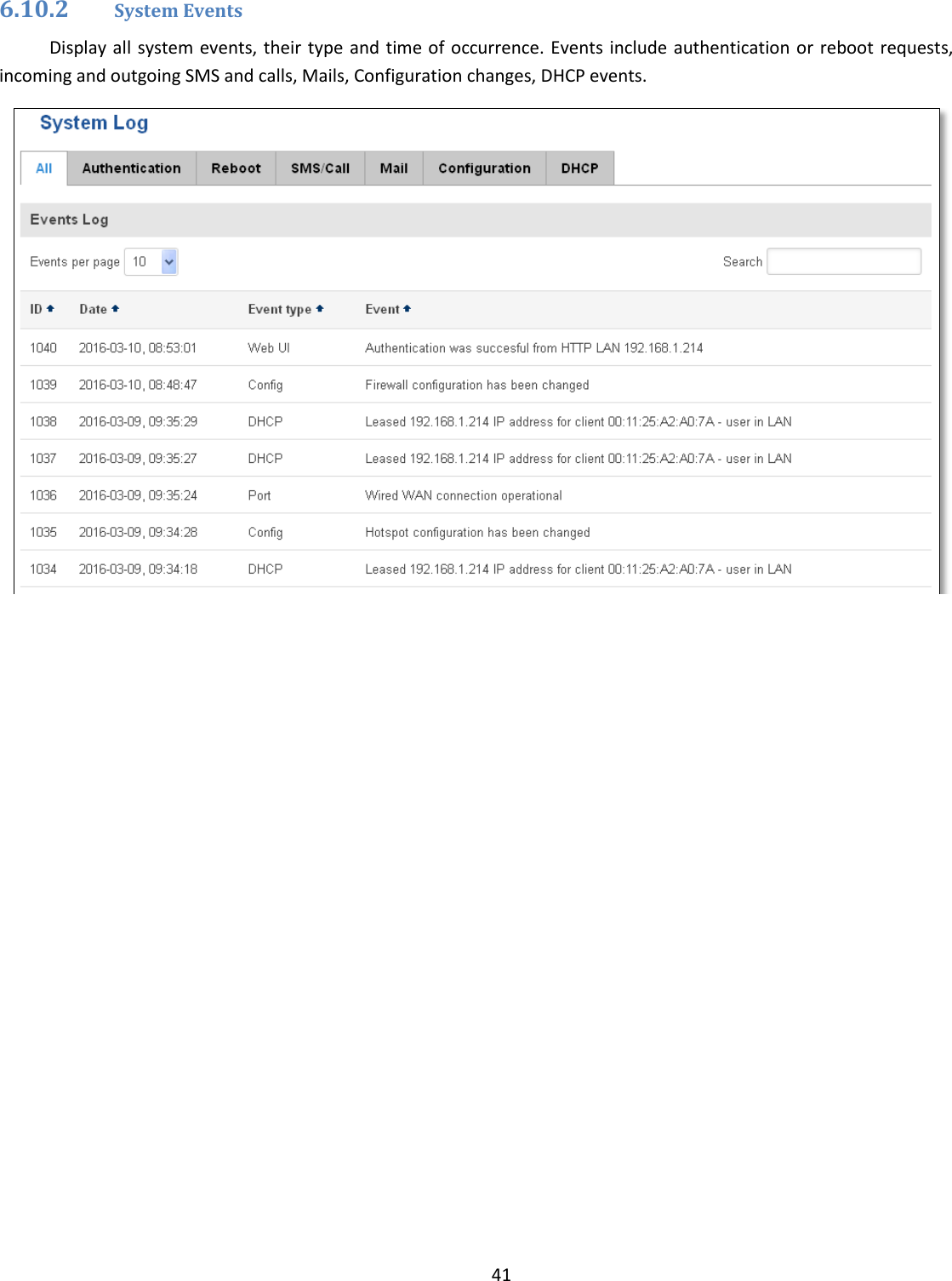  41  6.10.2 System Events Display all system events, their type and time of occurrence. Events include authentication or reboot requests, incoming and outgoing SMS and calls, Mails, Configuration changes, DHCP events.      