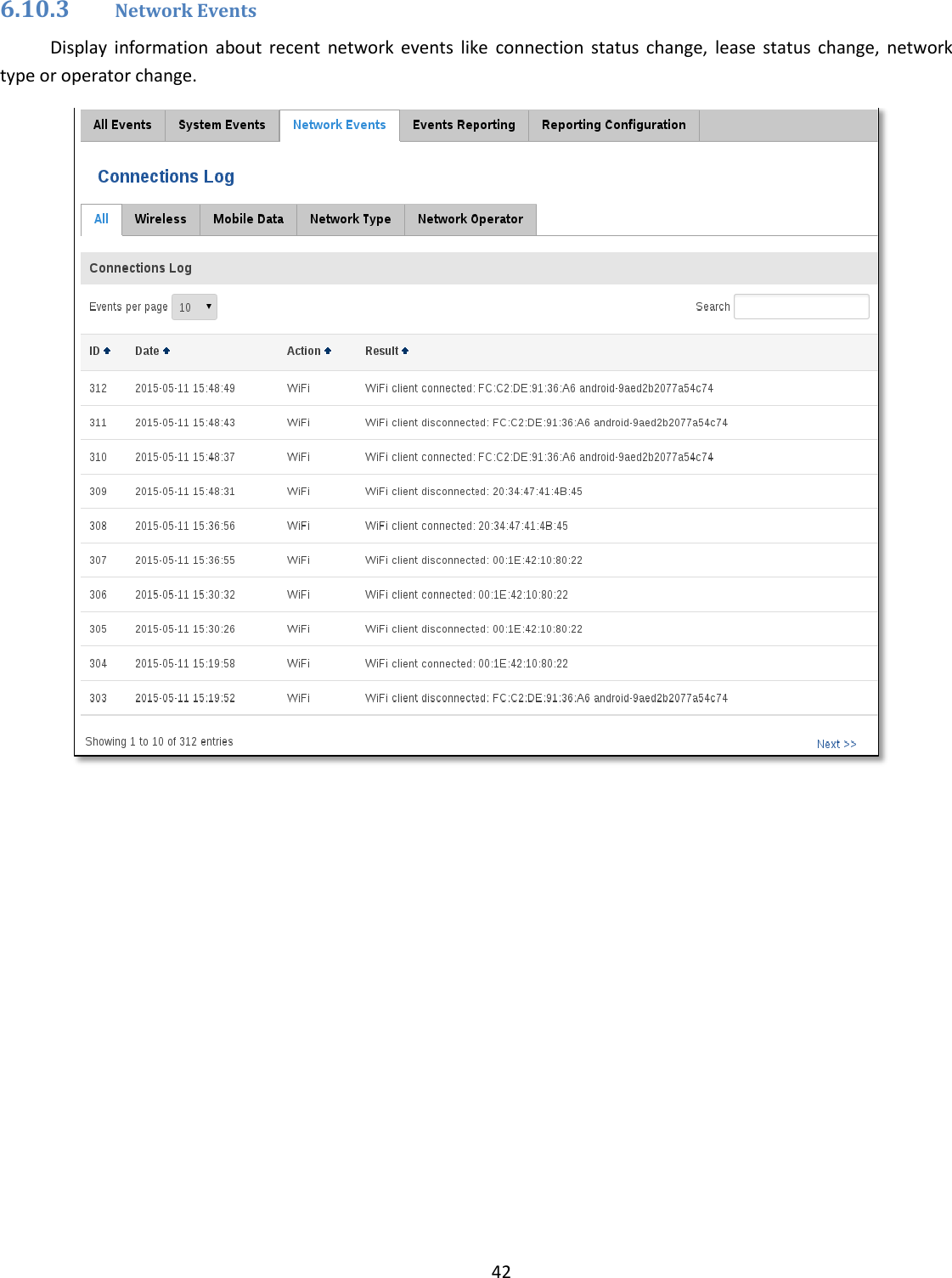  42  6.10.3 Network Events Display  information  about  recent  network  events  like  connection  status  change,  lease  status  change,  network type or operator change.      