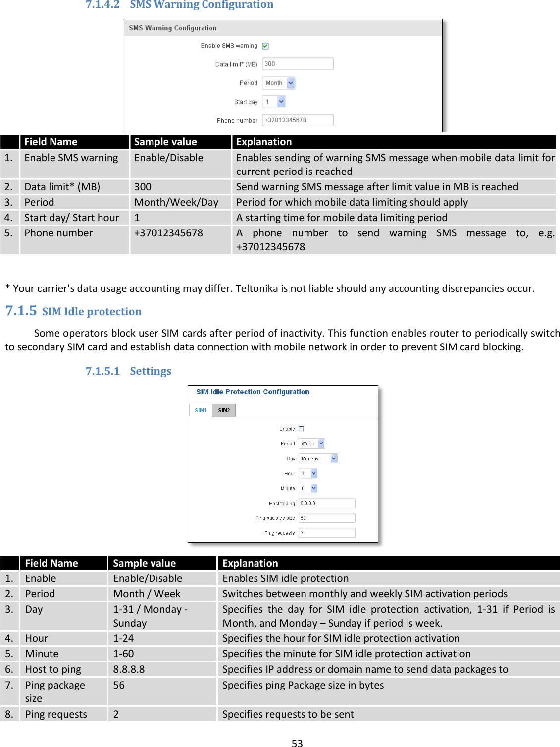  53  7.1.4.2 SMS Warning Configuration  * Your carrier&apos;s data usage accounting may differ. Teltonika is not liable should any accounting discrepancies occur. 7.1.5 SIM Idle protection Some operators block user SIM cards after period of inactivity. This function enables router to periodically switch to secondary SIM card and establish data connection with mobile network in order to prevent SIM card blocking. 7.1.5.1 Settings   Field Name Sample value Explanation 1.  Enable Enable/Disable Enables SIM idle protection 2. Period Month / Week Switches between monthly and weekly SIM activation periods 3. Day 1-31 / Monday - Sunday Specifies  the  day  for  SIM  idle  protection  activation,  1-31  if  Period  is Month, and Monday – Sunday if period is week. 4. Hour 1-24 Specifies the hour for SIM idle protection activation 5. Minute 1-60 Specifies the minute for SIM idle protection activation 6. Host to ping 8.8.8.8 Specifies IP address or domain name to send data packages to 7. Ping package size 56 Specifies ping Package size in bytes 8. Ping requests 2 Specifies requests to be sent   Field Name Sample value Explanation 1.  Enable SMS warning Enable/Disable Enables sending of warning SMS message when mobile data limit for current period is reached 2. Data limit* (MB) 300 Send warning SMS message after limit value in MB is reached 3. Period Month/Week/Day Period for which mobile data limiting should apply 4. Start day/ Start hour 1 A starting time for mobile data limiting period 5. Phone number +37012345678 A  phone  number  to  send  warning  SMS  message  to,  e.g. +37012345678  