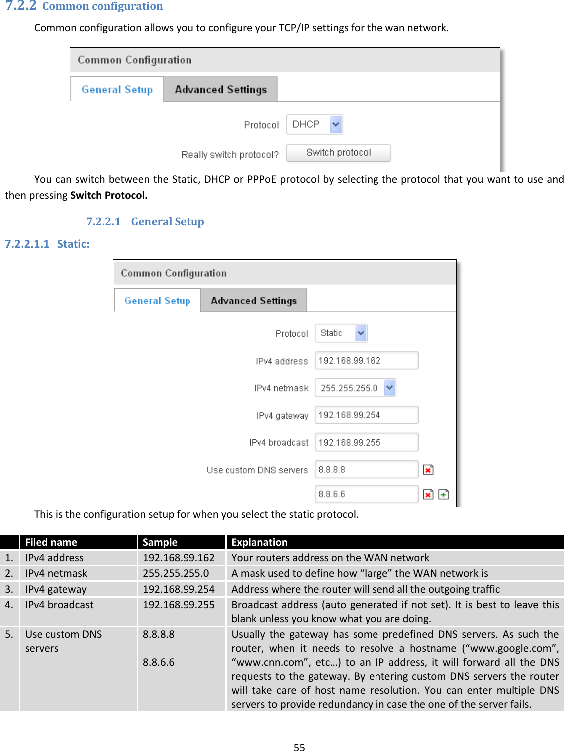  55  7.2.2 Common configuration Common configuration allows you to configure your TCP/IP settings for the wan network.  You can switch between the Static, DHCP or PPPoE protocol by selecting the protocol that you want to use and then pressing Switch Protocol. 7.2.2.1 General Setup 7.2.2.1.1 Static:  This is the configuration setup for when you select the static protocol.  Filed name Sample Explanation 1. IPv4 address 192.168.99.162 Your routers address on the WAN network 2. IPv4 netmask 255.255.255.0 A mask used to define how “large” the WAN network is 3. IPv4 gateway 192.168.99.254 Address where the router will send all the outgoing traffic 4. IPv4 broadcast 192.168.99.255 Broadcast address (auto generated if not set). It is best to leave this blank unless you know what you are doing. 5. Use custom DNS servers 8.8.8.8     8.8.6.6 Usually  the  gateway  has  some  predefined  DNS  servers.  As  such  the router,  when  it  needs  to  resolve  a  hostname  (“www.google.com”, “www.cnn.com”,  etc…)  to  an  IP  address,  it  will  forward  all  the  DNS requests to  the gateway. By  entering custom DNS servers the router will  take  care  of  host  name  resolution.  You  can  enter  multiple  DNS servers to provide redundancy in case the one of the server fails. 