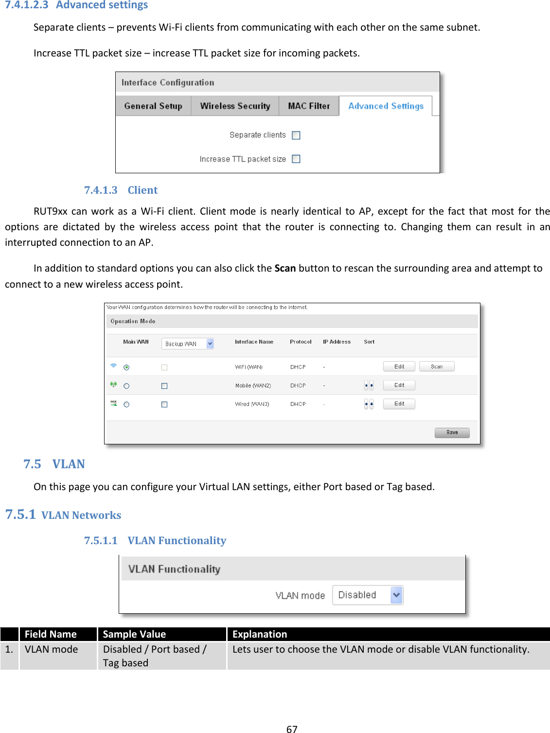  67  7.4.1.2.3 Advanced settings Separate clients – prevents Wi-Fi clients from communicating with each other on the same subnet. Increase TTL packet size – increase TTL packet size for incoming packets.  7.4.1.3 Client RUT9xx  can  work  as  a  Wi-Fi client.  Client  mode  is  nearly  identical to  AP, except  for  the  fact  that  most  for  the options  are  dictated  by  the  wireless  access  point  that  the  router  is  connecting  to.  Changing  them  can  result  in  an interrupted connection to an AP.  In addition to standard options you can also click the Scan button to rescan the surrounding area and attempt to connect to a new wireless access point.  7.5 VLAN On this page you can configure your Virtual LAN settings, either Port based or Tag based. 7.5.1 VLAN Networks 7.5.1.1 VLAN Functionality   Field Name Sample Value Explanation 1. VLAN mode Disabled / Port based / Tag based Lets user to choose the VLAN mode or disable VLAN functionality.  