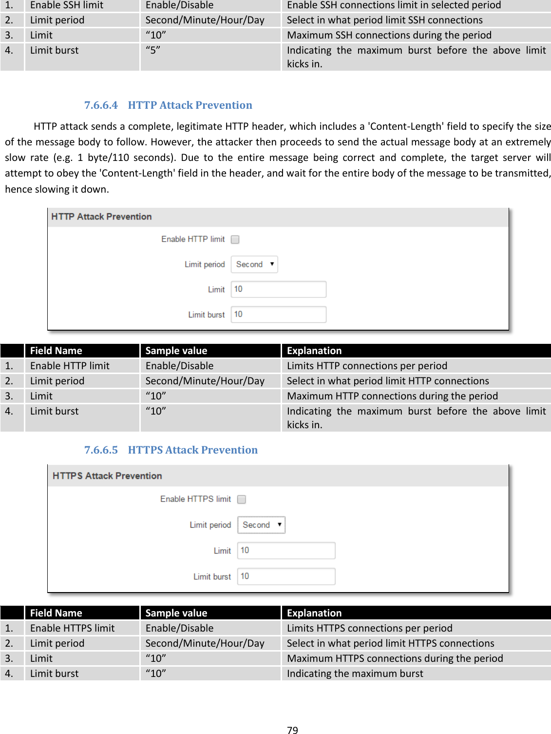 79  1. Enable SSH limit Enable/Disable Enable SSH connections limit in selected period 2. Limit period Second/Minute/Hour/Day Select in what period limit SSH connections 3. Limit “10” Maximum SSH connections during the period 4. Limit burst “5” Indicating  the  maximum  burst  before  the  above  limit kicks in.  7.6.6.4 HTTP Attack Prevention HTTP attack sends a complete, legitimate HTTP header, which includes a &apos;Content-Length&apos; field to specify the size of the message body to follow. However, the attacker then proceeds to send the actual message body at an extremely slow  rate  (e.g.  1  byte/110  seconds).  Due  to  the  entire  message  being  correct  and  complete,  the  target  server  will attempt to obey the &apos;Content-Length&apos; field in the header, and wait for the entire body of the message to be transmitted, hence slowing it down.   Field Name Sample value  Explanation 1. Enable HTTP limit Enable/Disable Limits HTTP connections per period 2. Limit period Second/Minute/Hour/Day Select in what period limit HTTP connections 3. Limit “10” Maximum HTTP connections during the period 4. Limit burst “10” Indicating  the  maximum  burst  before  the  above  limit kicks in. 7.6.6.5 HTTPS Attack Prevention   Field Name Sample value  Explanation 1. Enable HTTPS limit Enable/Disable Limits HTTPS connections per period 2. Limit period Second/Minute/Hour/Day Select in what period limit HTTPS connections 3. Limit “10” Maximum HTTPS connections during the period 4. Limit burst “10” Indicating the maximum burst  