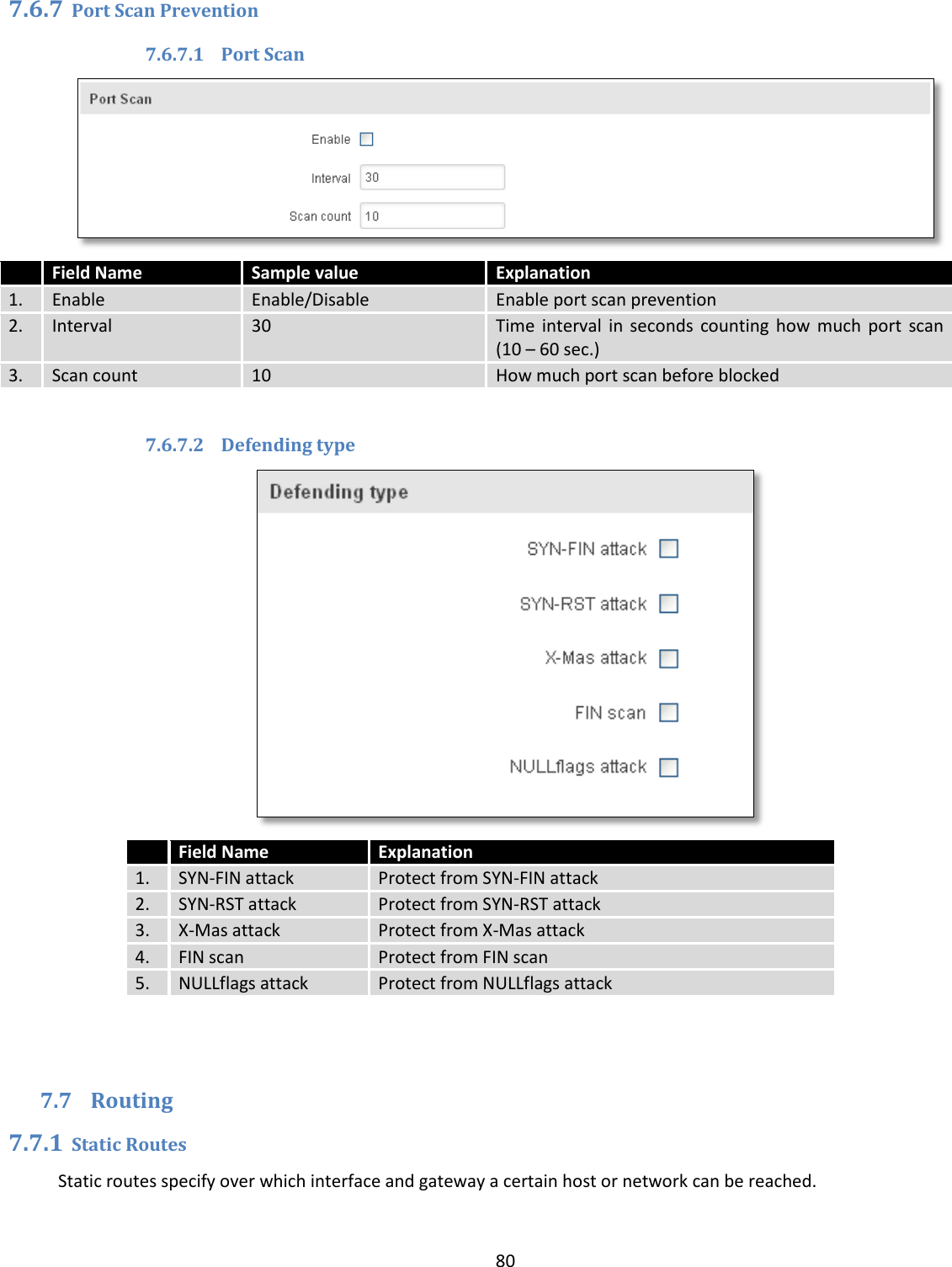  80  7.6.7 Port Scan Prevention 7.6.7.1 Port Scan   Field Name Sample value  Explanation 1. Enable Enable/Disable Enable port scan prevention 2. Interval 30 Time  interval  in  seconds  counting  how  much  port  scan (10 – 60 sec.) 3. Scan count 10 How much port scan before blocked     7.6.7.2 Defending type   Field Name Explanation 1. SYN-FIN attack Protect from SYN-FIN attack 2. SYN-RST attack Protect from SYN-RST attack 3. X-Mas attack Protect from X-Mas attack 4. FIN scan Protect from FIN scan 5. NULLflags attack Protect from NULLflags attack   7.7 Routing 7.7.1 Static Routes Static routes specify over which interface and gateway a certain host or network can be reached. 