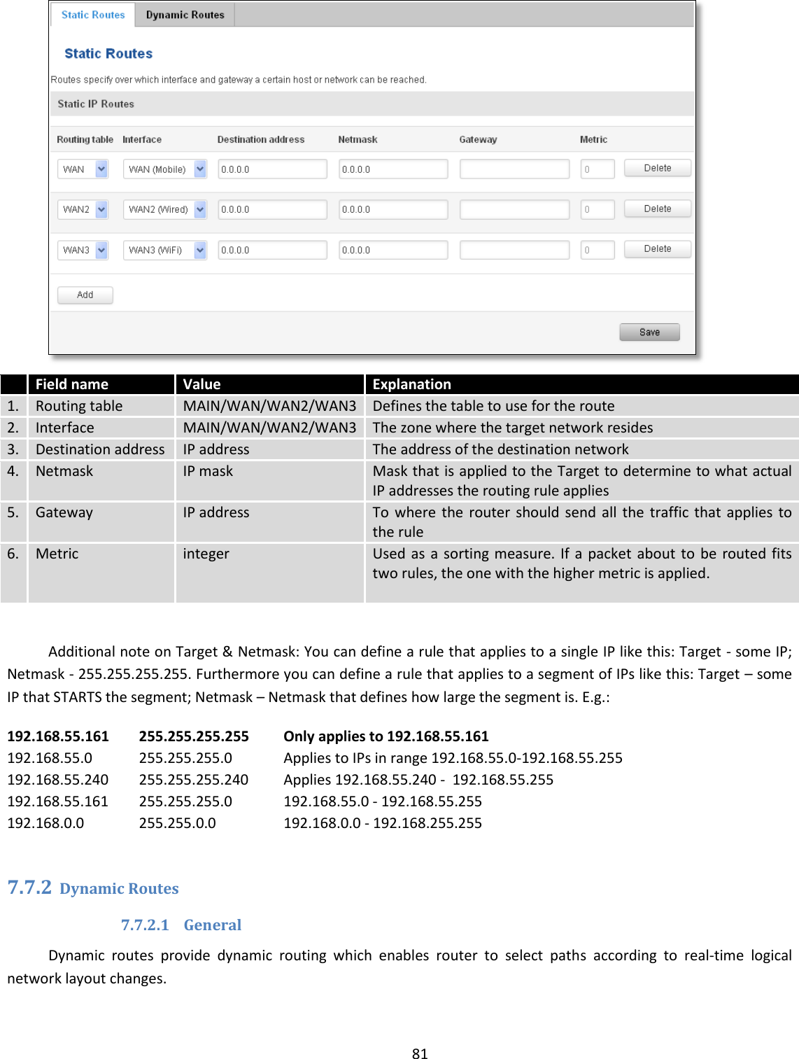  81    Field name Value Explanation 1. Routing table MAIN/WAN/WAN2/WAN3 Defines the table to use for the route 2. Interface MAIN/WAN/WAN2/WAN3 The zone where the target network resides 3. Destination address IP address The address of the destination network 4. Netmask IP mask Mask that is applied to the Target to determine to what actual IP addresses the routing rule applies 5. Gateway IP address To  where the  router should  send  all  the  traffic that  applies  to the rule 6. Metric integer Used as  a  sorting measure. If  a packet  about to  be routed fits two rules, the one with the higher metric is applied.   Additional note on Target &amp; Netmask: You can define a rule that applies to a single IP like this: Target - some IP; Netmask - 255.255.255.255. Furthermore you can define a rule that applies to a segment of IPs like this: Target – some IP that STARTS the segment; Netmask – Netmask that defines how large the segment is. E.g.: 192.168.55.161 255.255.255.255 Only applies to 192.168.55.161 192.168.55.0 255.255.255.0 Applies to IPs in range 192.168.55.0-192.168.55.255 192.168.55.240 255.255.255.240 Applies 192.168.55.240 -  192.168.55.255 192.168.55.161 255.255.255.0 192.168.55.0 - 192.168.55.255 192.168.0.0 255.255.0.0 192.168.0.0 - 192.168.255.255  7.7.2 Dynamic Routes  7.7.2.1 General Dynamic  routes  provide  dynamic  routing  which  enables  router  to  select  paths  according  to  real-time  logical network layout changes. 