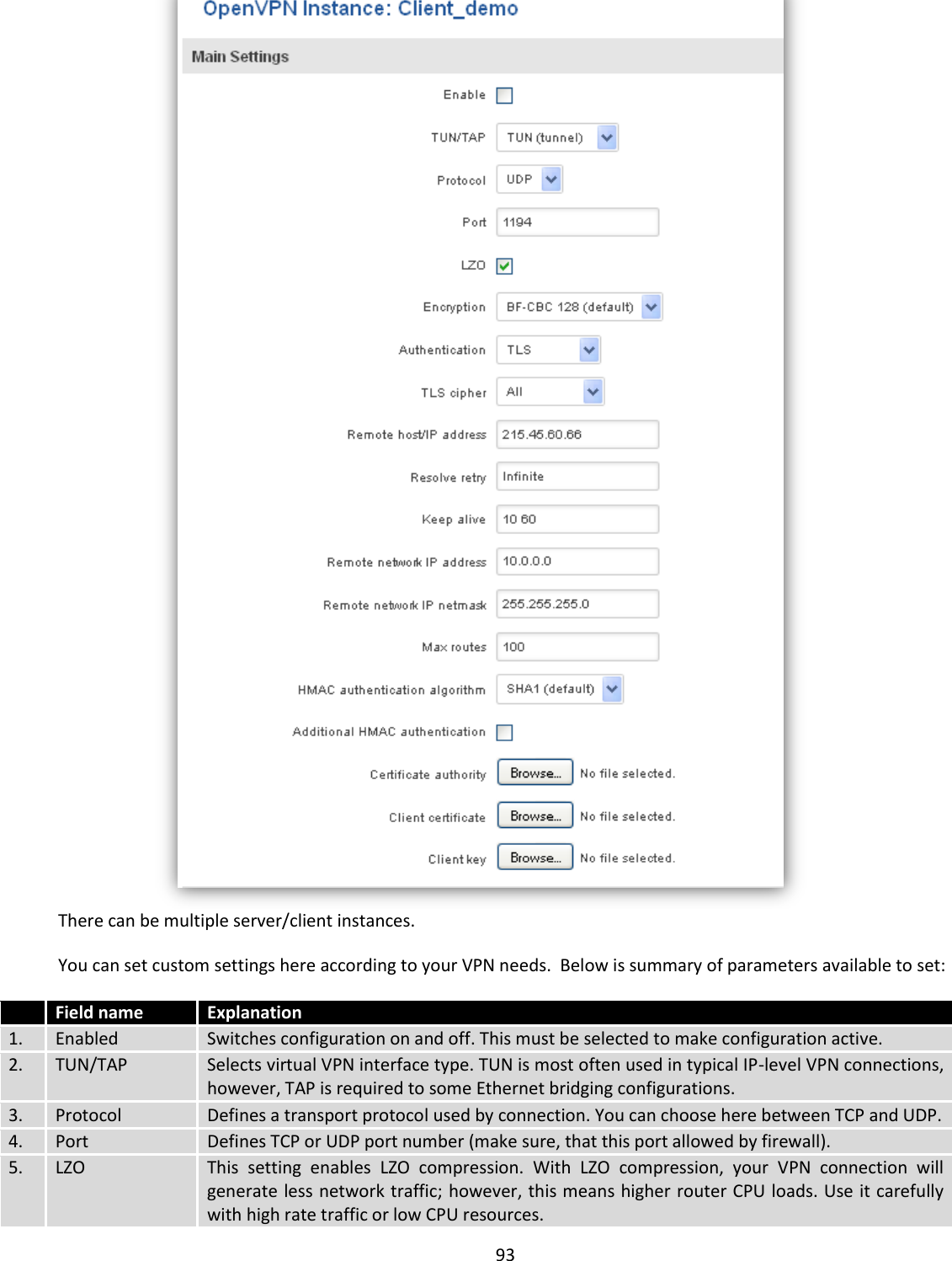  93   There can be multiple server/client instances. You can set custom settings here according to your VPN needs.  Below is summary of parameters available to set:  Field name Explanation 1. Enabled Switches configuration on and off. This must be selected to make configuration active. 2. TUN/TAP Selects virtual VPN interface type. TUN is most often used in typical IP-level VPN connections, however, TAP is required to some Ethernet bridging configurations. 3. Protocol Defines a transport protocol used by connection. You can choose here between TCP and UDP. 4. Port Defines TCP or UDP port number (make sure, that this port allowed by firewall). 5. LZO This  setting  enables  LZO  compression.  With  LZO  compression,  your  VPN  connection  will generate less network traffic; however, this means higher router CPU loads. Use it carefully with high rate traffic or low CPU resources. 