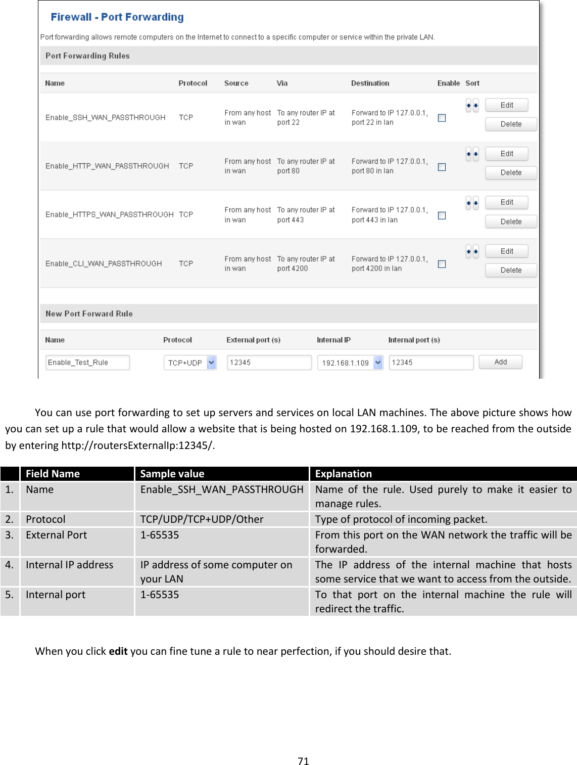  71    You can use port forwarding to set up servers and services on local LAN machines. The above picture shows how you can set up a rule that would allow a website that is being hosted on 192.168.1.109, to be reached from the outside by entering http://routersExternalIp:12345/.  Field Name Sample value  Explanation 1. Name Enable_SSH_WAN_PASSTHROUGH Name  of  the  rule.  Used  purely  to  make  it  easier  to manage rules. 2. Protocol TCP/UDP/TCP+UDP/Other Type of protocol of incoming packet. 3. External Port 1-65535 From this port on the WAN network the traffic will be forwarded. 4. Internal IP address IP address of some computer on your LAN The  IP  address  of  the  internal  machine  that  hosts some service that we want to access from the outside. 5. Internal port 1-65535 To  that  port  on  the  internal  machine  the  rule  will redirect the traffic.  When you click edit you can fine tune a rule to near perfection, if you should desire that.  