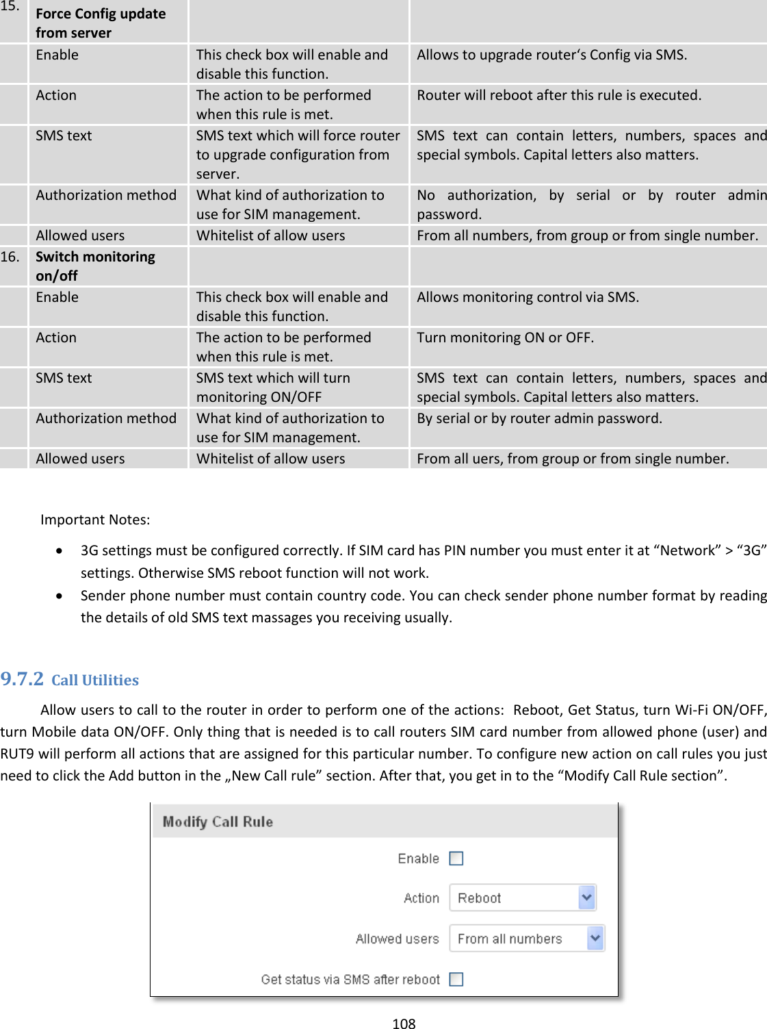  108  15. Force Config update from server    Enable This check box will enable and disable this function. Allows to upgrade router‘s Config via SMS.  Action The action to be performed when this rule is met. Router will reboot after this rule is executed.  SMS text SMS text which will force router to upgrade configuration from server. SMS  text  can  contain  letters,  numbers,  spaces  and special symbols. Capital letters also matters.  Authorization method What kind of authorization to use for SIM management. No  authorization,  by  serial  or  by  router  admin password.  Allowed users Whitelist of allow users From all numbers, from group or from single number. 16. Switch monitoring on/off    Enable This check box will enable and disable this function. Allows monitoring control via SMS.  Action The action to be performed when this rule is met. Turn monitoring ON or OFF.  SMS text SMS text which will turn monitoring ON/OFF SMS  text  can  contain  letters,  numbers,  spaces  and special symbols. Capital letters also matters.  Authorization method What kind of authorization to use for SIM management. By serial or by router admin password.  Allowed users Whitelist of allow users From all uers, from group or from single number.  Important Notes:  3G settings must be configured correctly. If SIM card has PIN number you must enter it at “Network” &gt; “3G” settings. Otherwise SMS reboot function will not work.  Sender phone number must contain country code. You can check sender phone number format by reading the details of old SMS text massages you receiving usually.  9.7.2 Call Utilities Allow users to call to the router in order to perform one of the actions:  Reboot, Get Status, turn Wi-Fi ON/OFF, turn Mobile data ON/OFF. Only thing that is needed is to call routers SIM card number from allowed phone (user) and RUT9 will perform all actions that are assigned for this particular number. To configure new action on call rules you just need to click the Add button in the „New Call rule” section. After that, you get in to the “Modify Call Rule section”.  