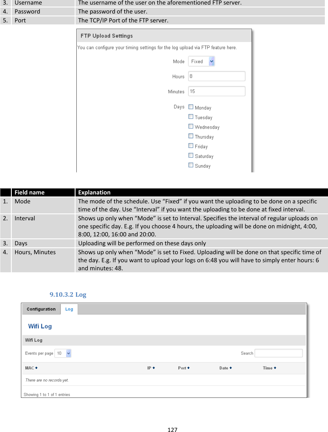  127  3. Username The username of the user on the aforementioned FTP server. 4. Password The password of the user. 5. Port The TCP/IP Port of the FTP server.    Field name Explanation 1. Mode The mode of the schedule. Use “Fixed” if you want the uploading to be done on a specific time of the day. Use “Interval” if you want the uploading to be done at fixed interval. 2. Interval Shows up only when “Mode” is set to Interval. Specifies the interval of regular uploads on one specific day. E.g. If you choose 4 hours, the uploading will be done on midnight, 4:00, 8:00, 12:00, 16:00 and 20:00. 3. Days Uploading will be performed on these days only 4. Hours, Minutes Shows up only when “Mode” is set to Fixed. Uploading will be done on that specific time of the day. E.g. If you want to upload your logs on 6:48 you will have to simply enter hours: 6 and minutes: 48.  9.10.3.2 Log   