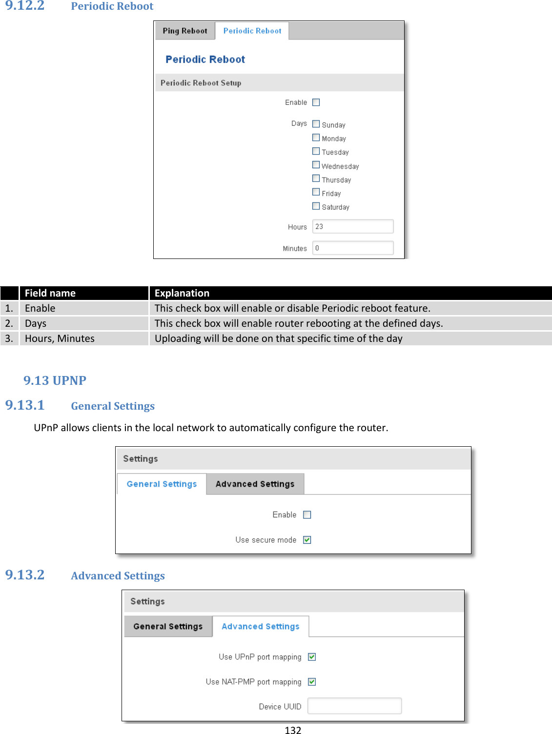  132  9.12.2 Periodic Reboot    Field name Explanation 1. Enable This check box will enable or disable Periodic reboot feature. 2. Days This check box will enable router rebooting at the defined days. 3. Hours, Minutes Uploading will be done on that specific time of the day  9.13 UPNP 9.13.1 General Settings UPnP allows clients in the local network to automatically configure the router.  9.13.2 Advanced Settings  