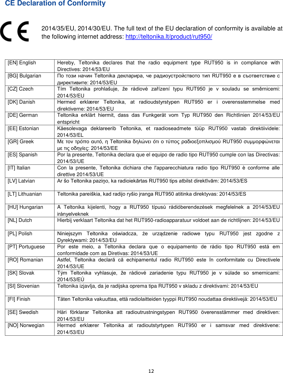  12  CE Declaration of Conformity  2014/35/EU, 2014/30/EU. The full text of the EU declaration of conformity is available at the following internet address: http://teltonika.lt/product/rut950/  [EN] English Hereby,  Teltonika  declares  that  the  radio  equipment  type  RUT950  is  in  compliance  with Directives: 2014/53/EU [BG] Bulgarian   [CZ] Czech             2014/53/EU [DK] Danish          direktiverne: 2014/53/EU [DE] German           Richtlinien  2014/53/EU entspricht [EE] Estonian         2014/53/EL [GR] Greek  [ES] Spanish Por la presente, Teltonika declara que el equipo de radio tipo RUT950 cumple con las Directivas: 2014/53/UE [IT] Italian             direttive 2014/53/UE [LV] Latvian  [LT] Lithuanian  [HU] Hungarian A  Teltonika  kijelenti,  hogy         [NL] Dutch Hierbij verklaart Teltonika dat het RUT950-radioapparatuur voldoet aan de richtlijnen: 2014/53/EU [PL] Polish        RUT950  jest  zgodne  z Dyrektywami: 2014/53/EU [PT] Portuguese               conformidade com as Diretivas: 2014/53/UE [RO] Romanian            2014/53/UE [SK] Slovak              [SI] Slovenian Teltonika izjavlja, da je radijska oprema tipa RUT950 v skladu z direktivami: 2014/53/EU [FI] Finish  [SE] Swedish         2014/53/EU [NO] Norwegian Herme          2014/53/EU  