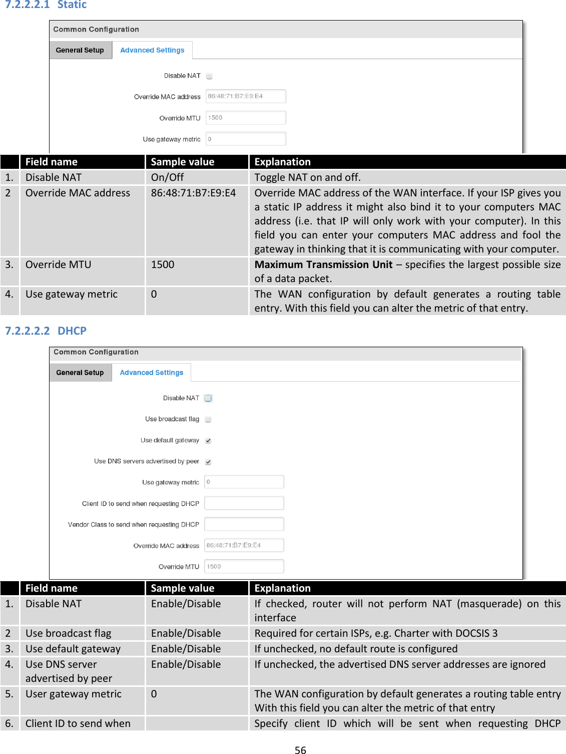  56  7.2.2.2.1 Static   Field name Sample value Explanation 1. Disable NAT On/Off Toggle NAT on and off. 2 Override MAC address 86:48:71:B7:E9:E4 Override MAC address of the WAN interface. If your ISP gives you a  static  IP  address  it might  also  bind  it  to  your  computers  MAC address  (i.e.  that  IP  will  only  work  with  your  computer).  In  this field  you  can  enter  your  computers  MAC  address  and  fool  the gateway in thinking that it is communicating with your computer. 3. Override MTU 1500 Maximum Transmission Unit – specifies the largest possible size of a data packet. 4. Use gateway metric 0 The  WAN  configuration  by  default  generates  a  routing  table entry. With this field you can alter the metric of that entry. 7.2.2.2.2 DHCP   Field name Sample value Explanation 1. Disable NAT Enable/Disable If  checked,  router  will  not  perform  NAT  (masquerade)  on  this interface 2 Use broadcast flag Enable/Disable Required for certain ISPs, e.g. Charter with DOCSIS 3 3. Use default gateway Enable/Disable If unchecked, no default route is configured 4. Use DNS server advertised by peer Enable/Disable If unchecked, the advertised DNS server addresses are ignored 5. User gateway metric 0 The WAN configuration by default generates a routing table entry With this field you can alter the metric of that entry 6. Client ID to send when  Specify  client  ID  which  will  be  sent  when  requesting  DHCP 