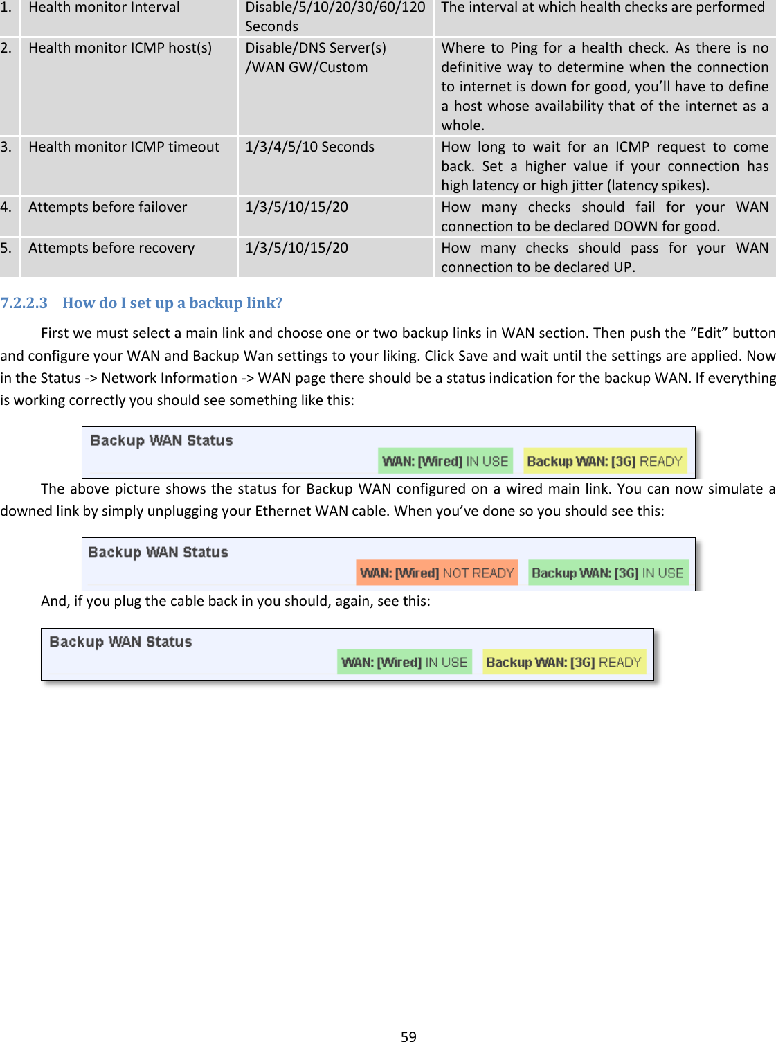  59  1. Health monitor Interval Disable/5/10/20/30/60/120 Seconds The interval at which health checks are performed 2. Health monitor ICMP host(s) Disable/DNS Server(s) /WAN GW/Custom Where  to  Ping  for  a  health  check.  As  there  is  no definitive way to determine when the connection to internet is down for good, you’ll have to define a host whose availability that of the internet as a whole. 3. Health monitor ICMP timeout 1/3/4/5/10 Seconds How  long  to  wait  for  an  ICMP  request  to  come back.  Set  a  higher  value  if  your  connection  has high latency or high jitter (latency spikes). 4. Attempts before failover 1/3/5/10/15/20 How  many  checks  should  fail  for  your  WAN connection to be declared DOWN for good. 5. Attempts before recovery 1/3/5/10/15/20 How  many  checks  should  pass  for  your  WAN connection to be declared UP. 7.2.2.3 How do I set up a backup link? First we must select a main link and choose one or two backup links in WAN section. Then push the “Edit” button and configure your WAN and Backup Wan settings to your liking. Click Save and wait until the settings are applied. Now in the Status -&gt; Network Information -&gt; WAN page there should be a status indication for the backup WAN. If everything is working correctly you should see something like this:  The above picture  shows the status for Backup WAN configured on  a wired main link. You can now  simulate a downed link by simply unplugging your Ethernet WAN cable. When you’ve done so you should see this:  And, if you plug the cable back in you should, again, see this:  