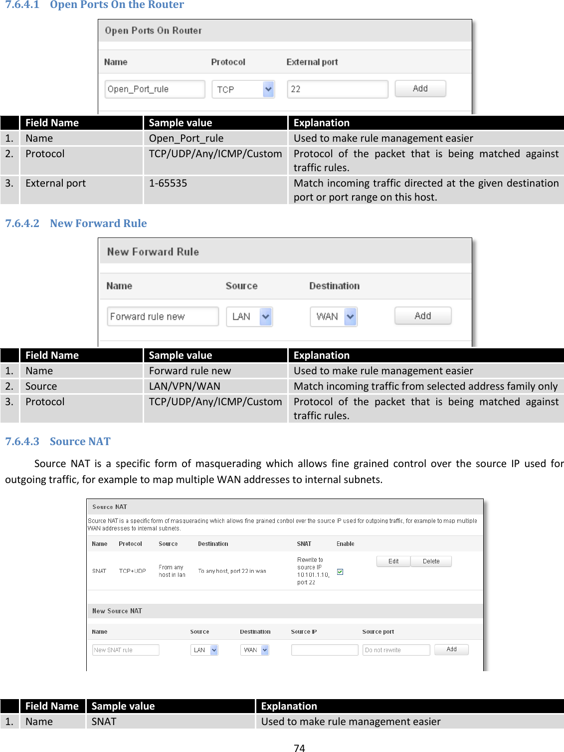  74  7.6.4.1 Open Ports On the Router   Field Name Sample value  Explanation 1. Name Open_Port_rule Used to make rule management easier 2. Protocol TCP/UDP/Any/ICMP/Custom Protocol  of  the  packet  that  is  being  matched  against traffic rules. 3. External port 1-65535 Match incoming traffic directed at the given destination port or port range on this host. 7.6.4.2 New Forward Rule   Field Name Sample value  Explanation 1. Name Forward rule new Used to make rule management easier 2. Source LAN/VPN/WAN Match incoming traffic from selected address family only 3. Protocol TCP/UDP/Any/ICMP/Custom Protocol  of  the  packet  that  is  being  matched  against traffic rules. 7.6.4.3 Source NAT Source  NAT  is  a  specific  form  of  masquerading  which  allows  fine  grained  control  over  the  source  IP  used  for outgoing traffic, for example to map multiple WAN addresses to internal subnets.    Field Name Sample value  Explanation 1. Name SNAT Used to make rule management easier 