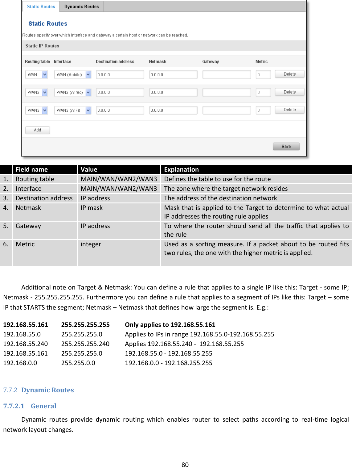  80    Field name Value Explanation 1. Routing table MAIN/WAN/WAN2/WAN3 Defines the table to use for the route 2. Interface MAIN/WAN/WAN2/WAN3 The zone where the target network resides 3. Destination address IP address The address of the destination network 4. Netmask IP mask Mask that is applied to the Target to determine to what actual IP addresses the routing rule applies 5. Gateway IP address To  where  the  router  should  send  all  the  traffic that applies to the rule 6. Metric integer Used as  a  sorting  measure. If  a  packet  about  to  be  routed fits two rules, the one with the higher metric is applied.   Additional note on Target &amp; Netmask: You can define a rule that applies to a single IP like this: Target - some IP; Netmask - 255.255.255.255. Furthermore you can define a rule that applies to a segment of IPs like this: Target – some IP that STARTS the segment; Netmask – Netmask that defines how large the segment is. E.g.: 192.168.55.161 255.255.255.255 Only applies to 192.168.55.161 192.168.55.0 255.255.255.0 Applies to IPs in range 192.168.55.0-192.168.55.255 192.168.55.240 255.255.255.240 Applies 192.168.55.240 -  192.168.55.255 192.168.55.161 255.255.255.0 192.168.55.0 - 192.168.55.255 192.168.0.0 255.255.0.0 192.168.0.0 - 192.168.255.255  7.7.2 Dynamic Routes  7.7.2.1 General Dynamic  routes  provide  dynamic  routing  which  enables  router  to  select  paths  according  to  real-time  logical network layout changes. 