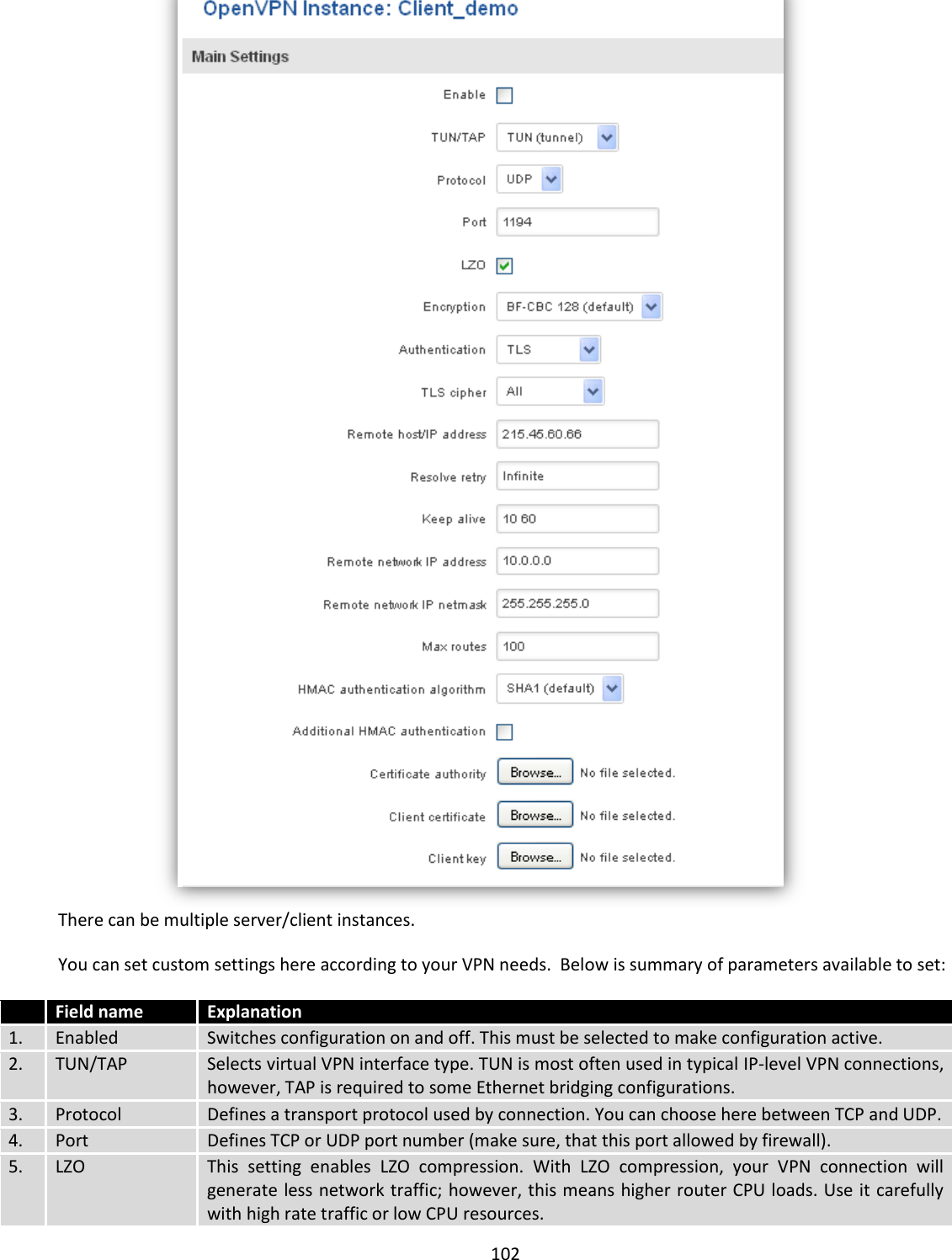  102   There can be multiple server/client instances. You can set custom settings here according to your VPN needs.  Below is summary of parameters available to set:  Field name Explanation 1. Enabled Switches configuration on and off. This must be selected to make configuration active. 2. TUN/TAP Selects virtual VPN interface type. TUN is most often used in typical IP-level VPN connections, however, TAP is required to some Ethernet bridging configurations. 3. Protocol Defines a transport protocol used by connection. You can choose here between TCP and UDP. 4. Port Defines TCP or UDP port number (make sure, that this port allowed by firewall). 5. LZO This  setting  enables  LZO  compression.  With  LZO  compression,  your  VPN  connection  will generate less network traffic; however, this means higher router CPU loads. Use it carefully with high rate traffic or low CPU resources. 