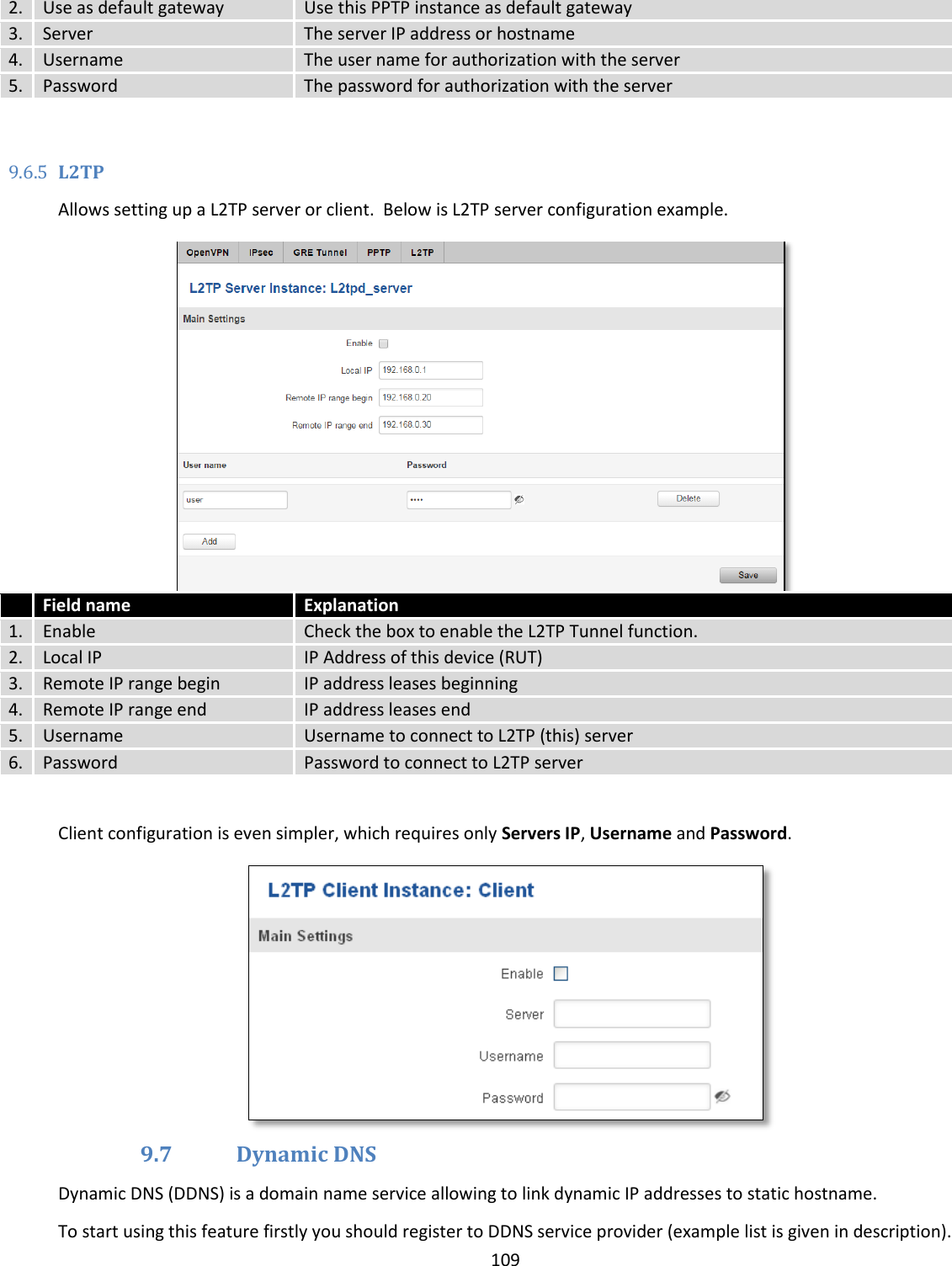  109  2. Use as default gateway Use this PPTP instance as default gateway 3. Server The server IP address or hostname 4. Username The user name for authorization with the server 5. Password The password for authorization with the server     9.6.5 L2TP Allows setting up a L2TP server or client.  Below is L2TP server configuration example.   Field name Explanation 1. Enable  Check the box to enable the L2TP Tunnel function. 2. Local IP IP Address of this device (RUT) 3. Remote IP range begin IP address leases beginning 4. Remote IP range end IP address leases end 5. Username Username to connect to L2TP (this) server 6. Password Password to connect to L2TP server  Client configuration is even simpler, which requires only Servers IP, Username and Password.  9.7 Dynamic DNS Dynamic DNS (DDNS) is a domain name service allowing to link dynamic IP addresses to static hostname. To start using this feature firstly you should register to DDNS service provider (example list is given in description).  