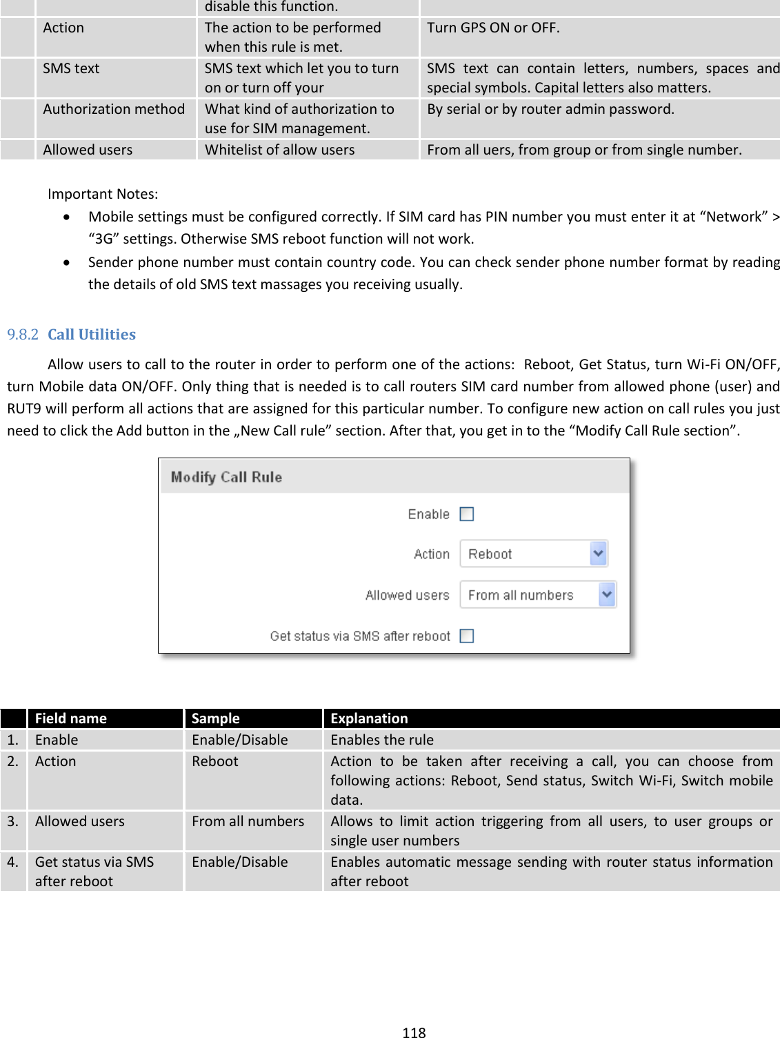  118  disable this function.  Action The action to be performed when this rule is met. Turn GPS ON or OFF.  SMS text SMS text which let you to turn on or turn off your  SMS  text  can  contain  letters,  numbers,  spaces  and special symbols. Capital letters also matters.  Authorization method What kind of authorization to use for SIM management. By serial or by router admin password.  Allowed users Whitelist of allow users From all uers, from group or from single number.  Important Notes:  Mobile settings must be configured correctly. If SIM card has PIN number you must enter it at “Network” &gt; “3G” settings. Otherwise SMS reboot function will not work.  Sender phone number must contain country code. You can check sender phone number format by reading the details of old SMS text massages you receiving usually.  9.8.2 Call Utilities Allow users to call to the router in order to perform one of the actions:  Reboot, Get Status, turn Wi-Fi ON/OFF, turn Mobile data ON/OFF. Only thing that is needed is to call routers SIM card number from allowed phone (user) and RUT9 will perform all actions that are assigned for this particular number. To configure new action on call rules you just need to click the Add button in the „New Call rule” section. After that, you get in to the “Modify Call Rule section”.    Field name Sample Explanation 1. Enable Enable/Disable Enables the rule 2. Action Reboot Action  to  be  taken  after  receiving  a  call,  you  can  choose  from following actions: Reboot, Send status,  Switch Wi-Fi, Switch mobile data. 3. Allowed users From all numbers Allows  to  limit  action  triggering  from  all  users,  to  user  groups  or single user numbers 4. Get status via SMS after reboot Enable/Disable Enables automatic message sending with  router status information after reboot  