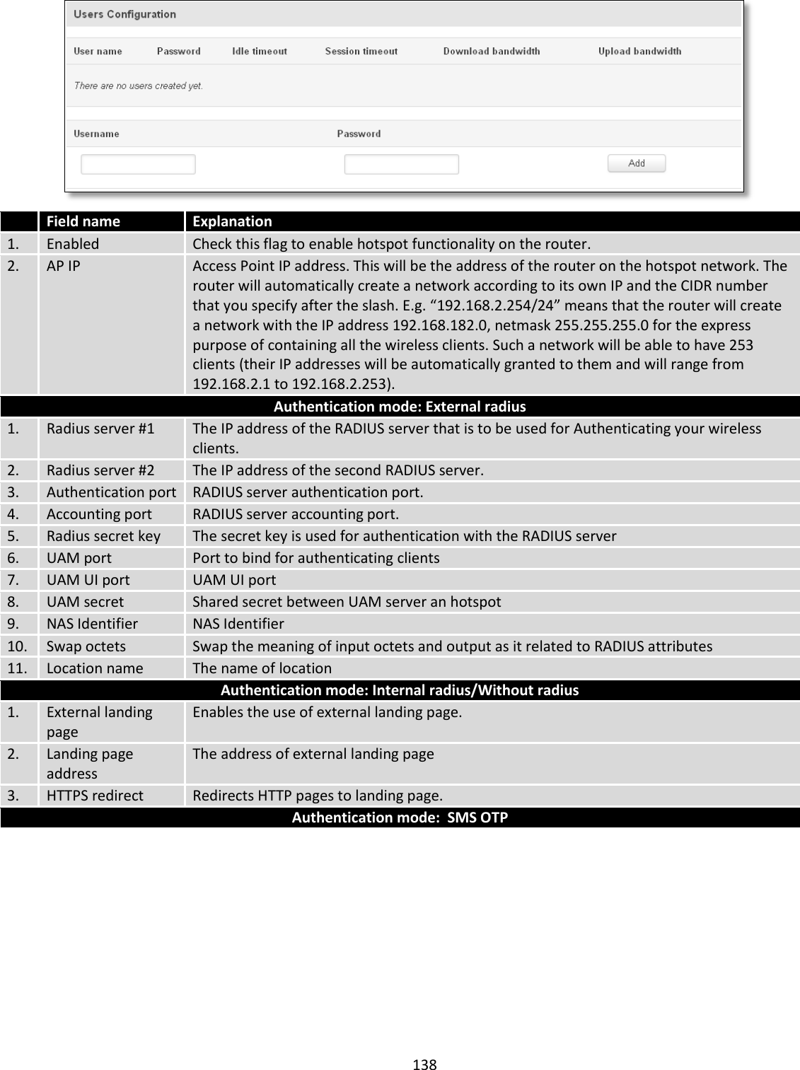  138    Field name Explanation 1. Enabled Check this flag to enable hotspot functionality on the router. 2. AP IP Access Point IP address. This will be the address of the router on the hotspot network. The router will automatically create a network according to its own IP and the CIDR number that you specify after the slash. E.g. “192.168.2.254/24” means that the router will create a network with the IP address 192.168.182.0, netmask 255.255.255.0 for the express purpose of containing all the wireless clients. Such a network will be able to have 253 clients (their IP addresses will be automatically granted to them and will range from 192.168.2.1 to 192.168.2.253). Authentication mode: External radius 1. Radius server #1 The IP address of the RADIUS server that is to be used for Authenticating your wireless clients. 2. Radius server #2 The IP address of the second RADIUS server. 3. Authentication port RADIUS server authentication port. 4. Accounting port RADIUS server accounting port. 5. Radius secret key The secret key is used for authentication with the RADIUS server 6. UAM port Port to bind for authenticating clients 7. UAM UI port UAM UI port 8. UAM secret Shared secret between UAM server an hotspot 9. NAS Identifier NAS Identifier 10. Swap octets Swap the meaning of input octets and output as it related to RADIUS attributes 11. Location name The name of location Authentication mode: Internal radius/Without radius 1. External landing page Enables the use of external landing page. 2. Landing page address The address of external landing page 3. HTTPS redirect Redirects HTTP pages to landing page. Authentication mode:  SMS OTP 