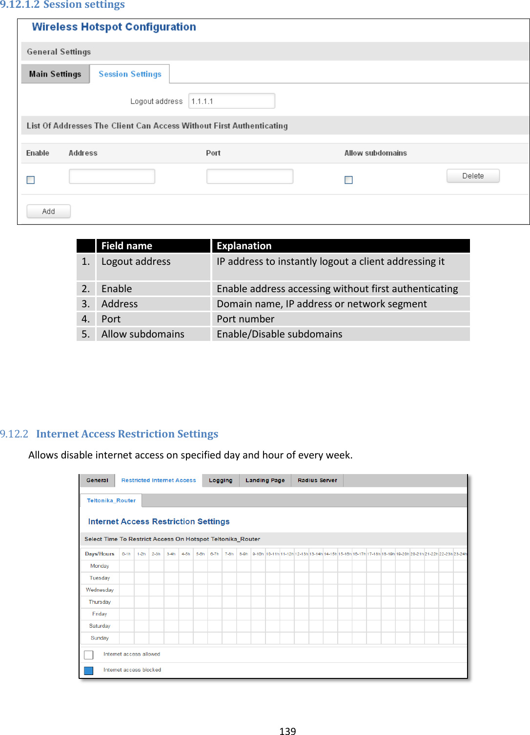  139  9.12.1.2 Session settings    Field name Explanation 1. Logout address IP address to instantly logout a client addressing it 2. Enable Enable address accessing without first authenticating 3. Address Domain name, IP address or network segment 4. Port Port number 5. Allow subdomains Enable/Disable subdomains       9.12.2 Internet Access Restriction Settings Allows disable internet access on specified day and hour of every week.  