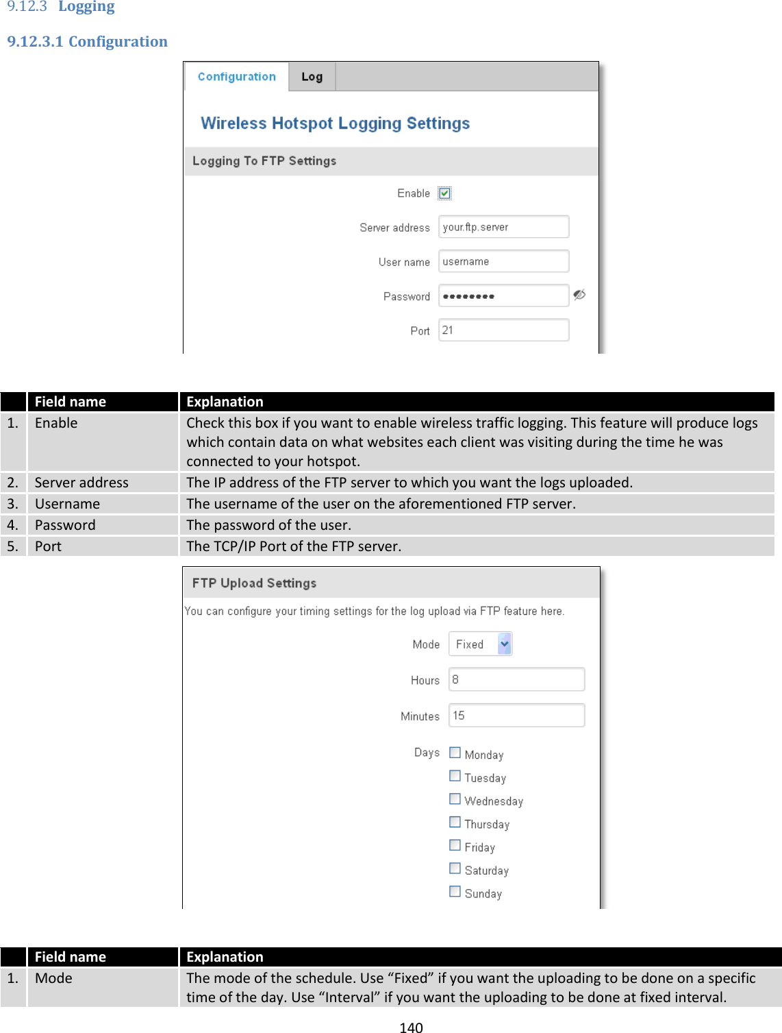  140  9.12.3 Logging 9.12.3.1 Configuration    Field name Explanation 1. Enable  Check this box if you want to enable wireless traffic logging. This feature will produce logs which contain data on what websites each client was visiting during the time he was connected to your hotspot. 2. Server address The IP address of the FTP server to which you want the logs uploaded. 3. Username The username of the user on the aforementioned FTP server. 4. Password The password of the user. 5. Port The TCP/IP Port of the FTP server.    Field name Explanation 1. Mode The mode of the schedule. Use “Fixed” if you want the uploading to be done on a specific time of the day. Use “Interval” if you want the uploading to be done at fixed interval. 