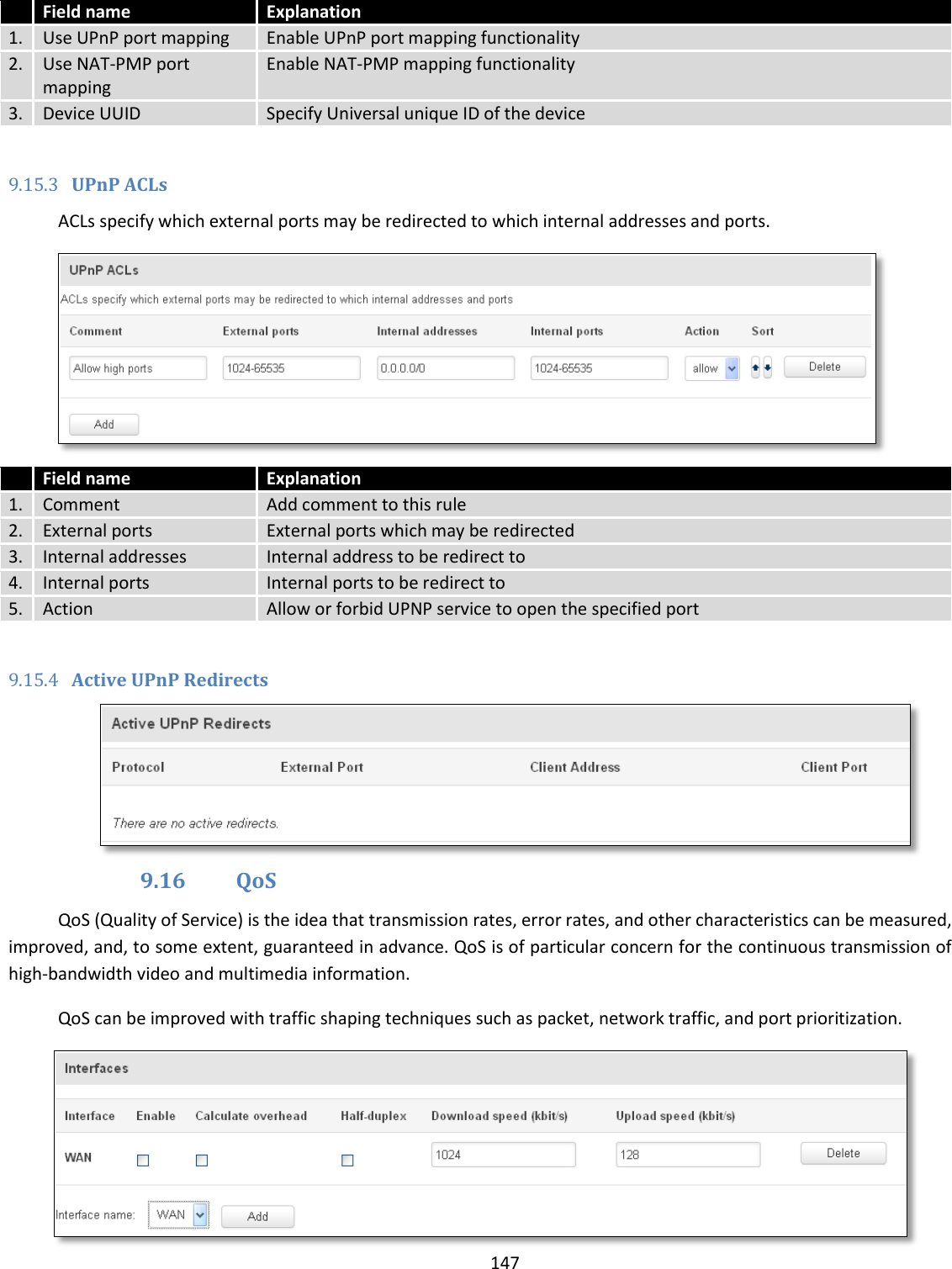  147   Field name Explanation 1. Use UPnP port mapping Enable UPnP port mapping functionality 2. Use NAT-PMP port mapping Enable NAT-PMP mapping functionality 3. Device UUID Specify Universal unique ID of the device  9.15.3 UPnP ACLs ACLs specify which external ports may be redirected to which internal addresses and ports.   Field name Explanation 1. Comment Add comment to this rule 2. External ports External ports which may be redirected 3. Internal addresses Internal address to be redirect to 4. Internal ports Internal ports to be redirect to 5. Action Allow or forbid UPNP service to open the specified port  9.15.4 Active UPnP Redirects  9.16 QoS QoS (Quality of Service) is the idea that transmission rates, error rates, and other characteristics can be measured, improved, and, to some extent, guaranteed in advance. QoS is of particular concern for the continuous transmission of high-bandwidth video and multimedia information. QoS can be improved with traffic shaping techniques such as packet, network traffic, and port prioritization.  