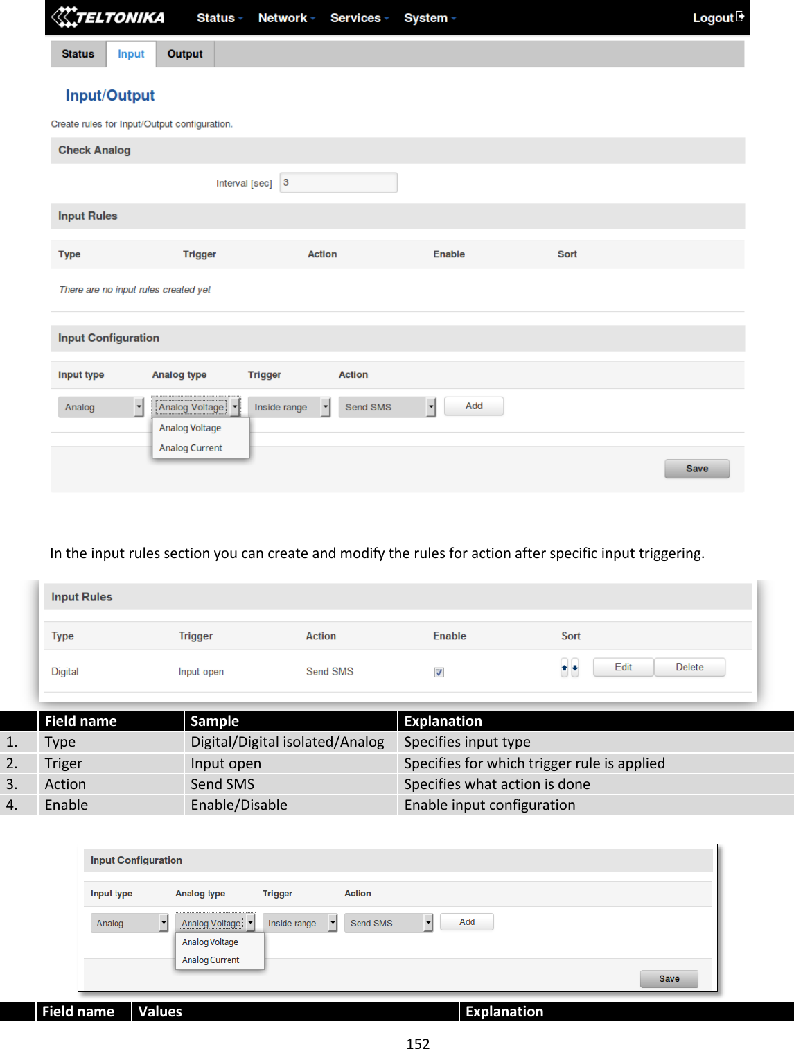  152      In the input rules section you can create and modify the rules for action after specific input triggering.    Field name Sample Explanation 1. Type Digital/Digital isolated/Analog Specifies input type 2. Triger Input open Specifies for which trigger rule is applied 3. Action Send SMS Specifies what action is done 4. Enable Enable/Disable Enable input configuration    Field name Values Explanation 