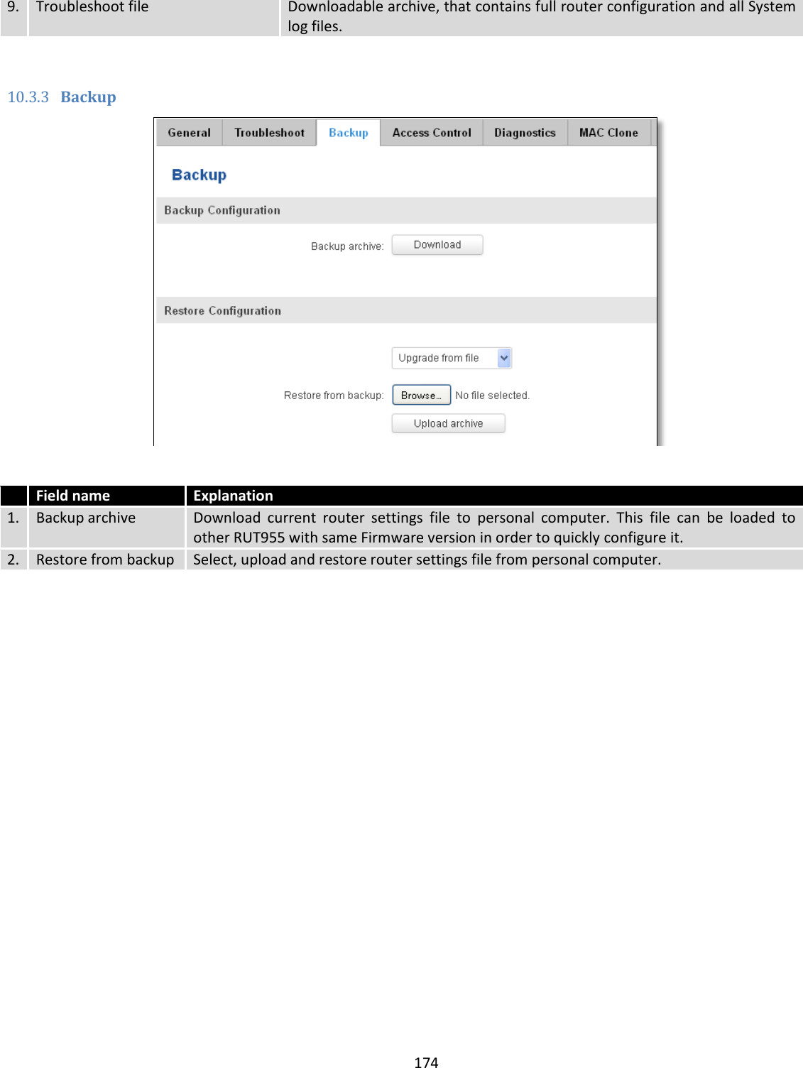  174  9. Troubleshoot file Downloadable archive, that contains full router configuration and all System log files.   10.3.3 Backup    Field name Explanation 1. Backup archive Download  current  router  settings  file  to  personal  computer.  This  file  can  be  loaded  to other RUT955 with same Firmware version in order to quickly configure it. 2. Restore from backup Select, upload and restore router settings file from personal computer. 