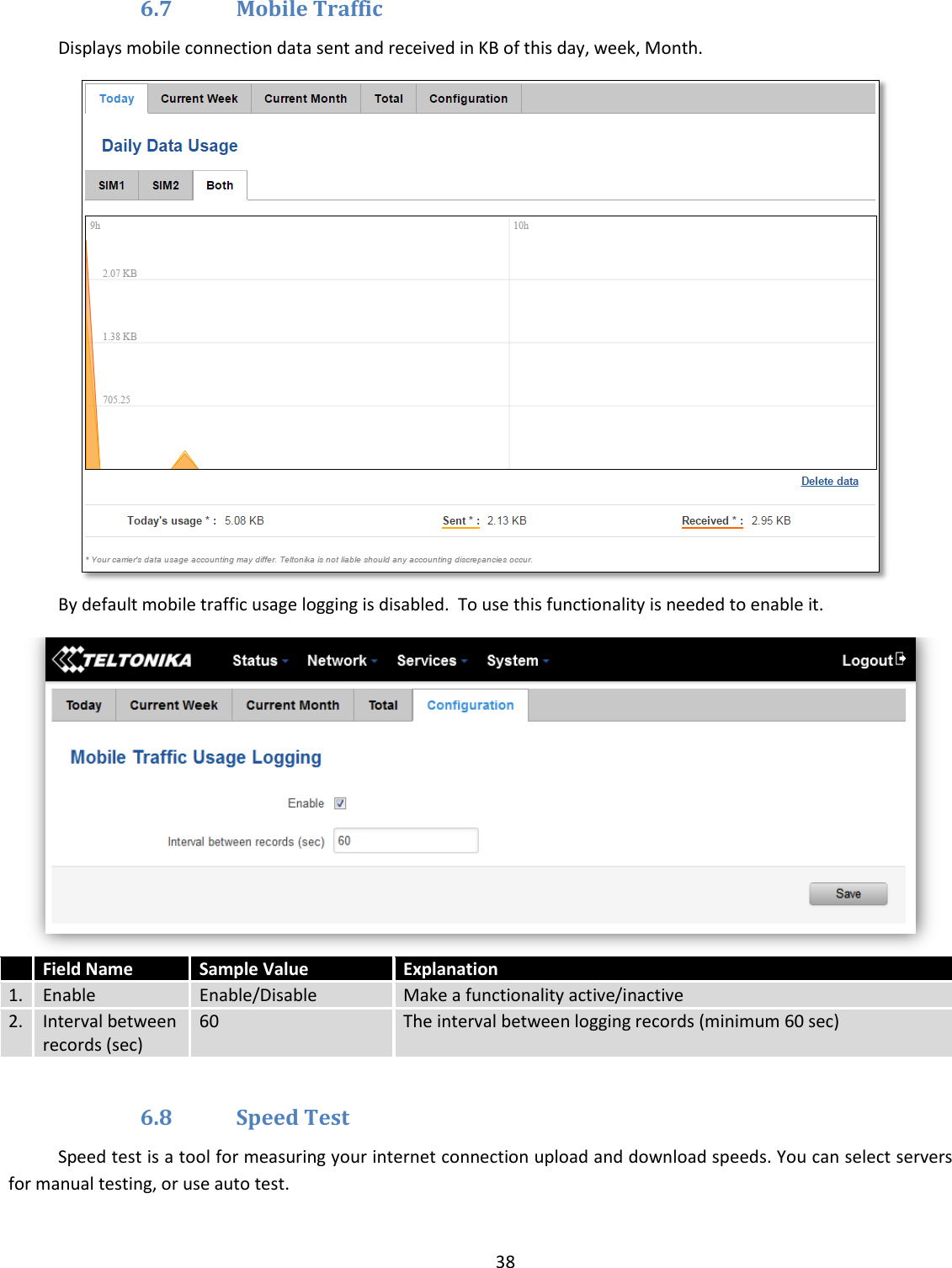  38  6.7 Mobile Traffic Displays mobile connection data sent and received in KB of this day, week, Month.  By default mobile traffic usage logging is disabled.  To use this functionality is needed to enable it.   Field Name Sample Value Explanation 1. Enable Enable/Disable Make a functionality active/inactive 2. Interval between records (sec) 60 The interval between logging records (minimum 60 sec)  6.8 Speed Test Speed test is a tool for measuring your internet connection upload and download speeds. You can select servers for manual testing, or use auto test. 